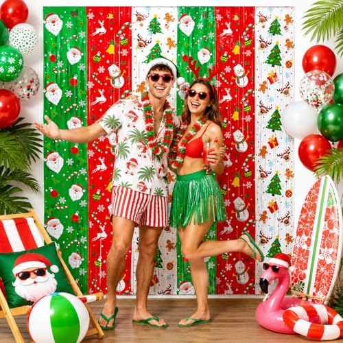 Ycitusi 3 Pack Printed Christmas Foil Fringe Curtains Red Green Tinsel Backdrop with Santa & Reindeer Patterns - Photo Booth Props for Ugly Sweater Party Christmas in July & Winter Holiday Decor