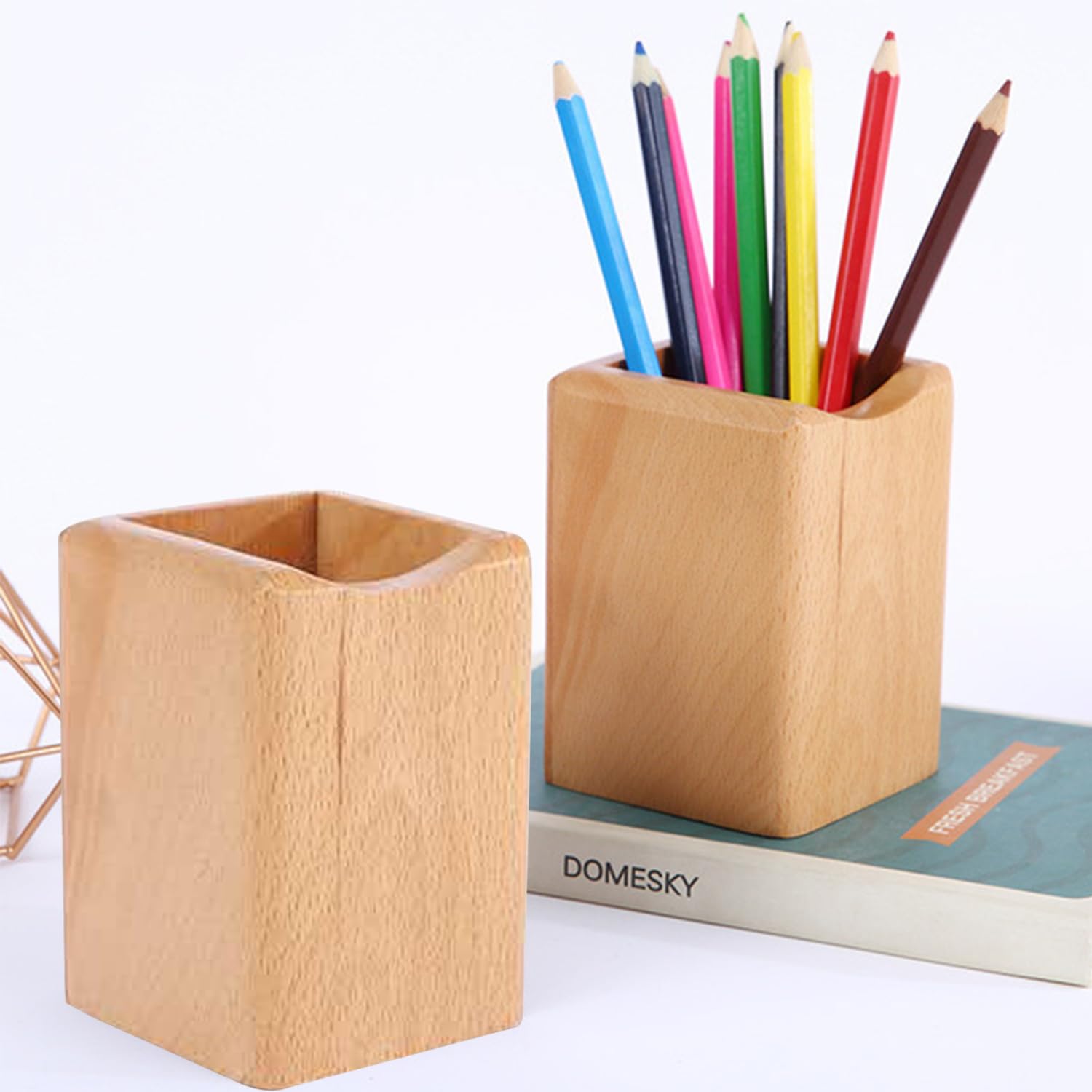 HIXNUG Wood Pen Pencil Holder Make Up Brush Stand Multi Purpose Natural Beech Pencil Cup Pot Pen Storage Stand Desk Organizer for School Home Office Stationery - Image 3