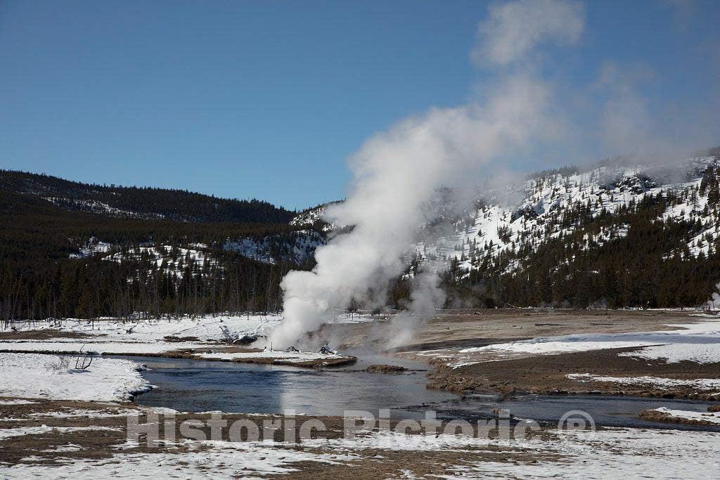 Photo- Temperatures often dip below freezing, but there's no cooling of the thermal features, including these at the Fountain Paint Pot location 1 Fine Art Photo Reproduction 12in x 08in