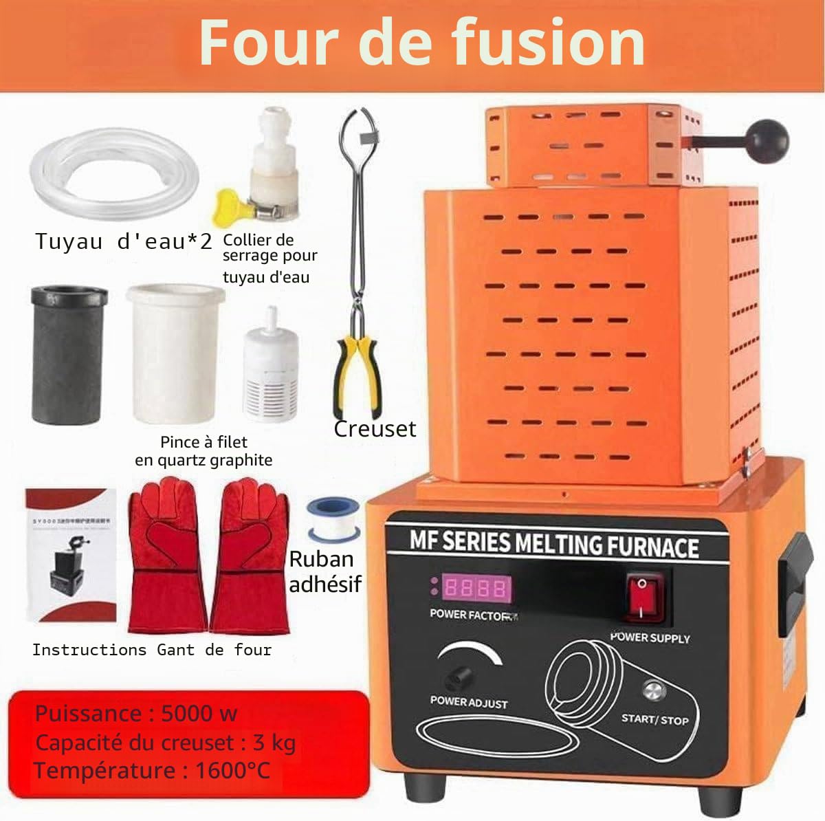 Four électrique De Fusion 5000 W, 1600 °c / 2912 °f, Kit De Coulée De Métaux pour L'industrie Et Les Ateliers, Temps De Fusion : 3 à 5 Minutes Black-3kg