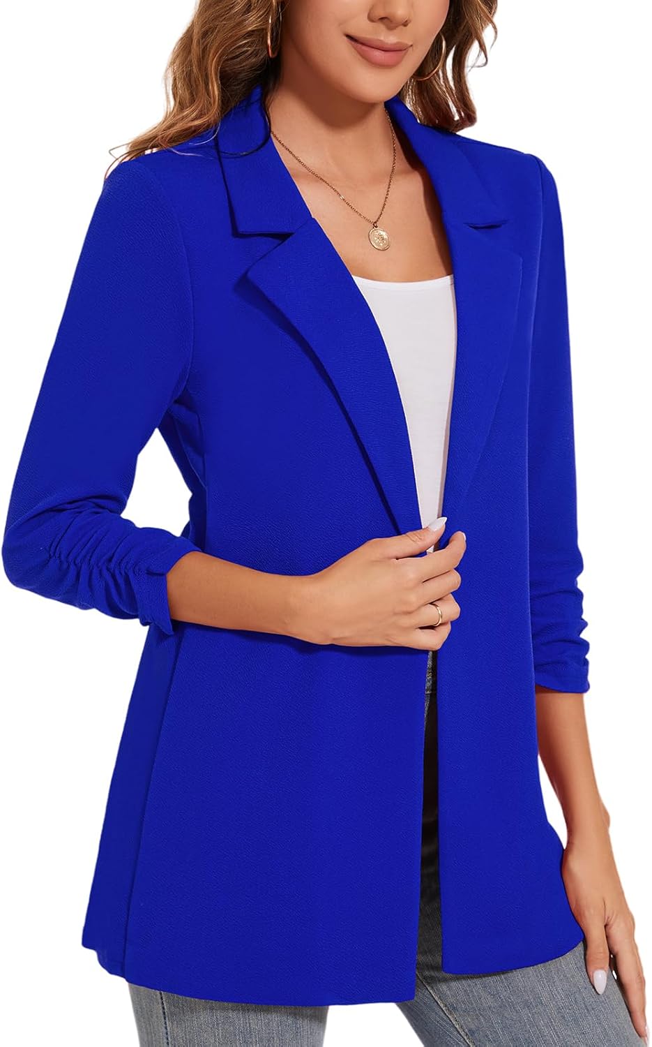 Women's Ruched 3/4 Sleeve Blazer One Button Solid Color Long Jacket Blazer Notched Collar Coat *Royal Blue,Size L* - Image 5