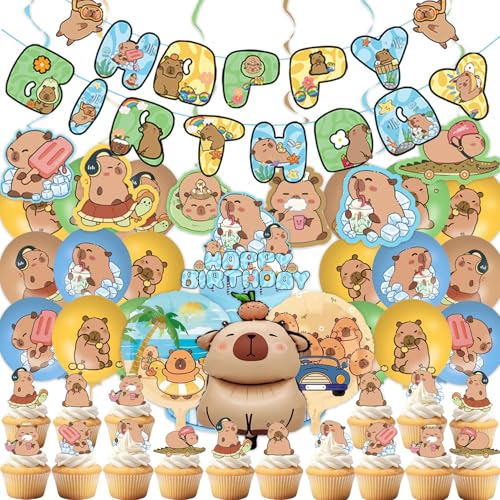 Capybara Kit de décoration de fête 54 pièces, accessoires d'anniversaire pour enfants, décorations de fête Aquaman, y compris bannière d'anniversaire, spirale, décoration de gâteau, ballons