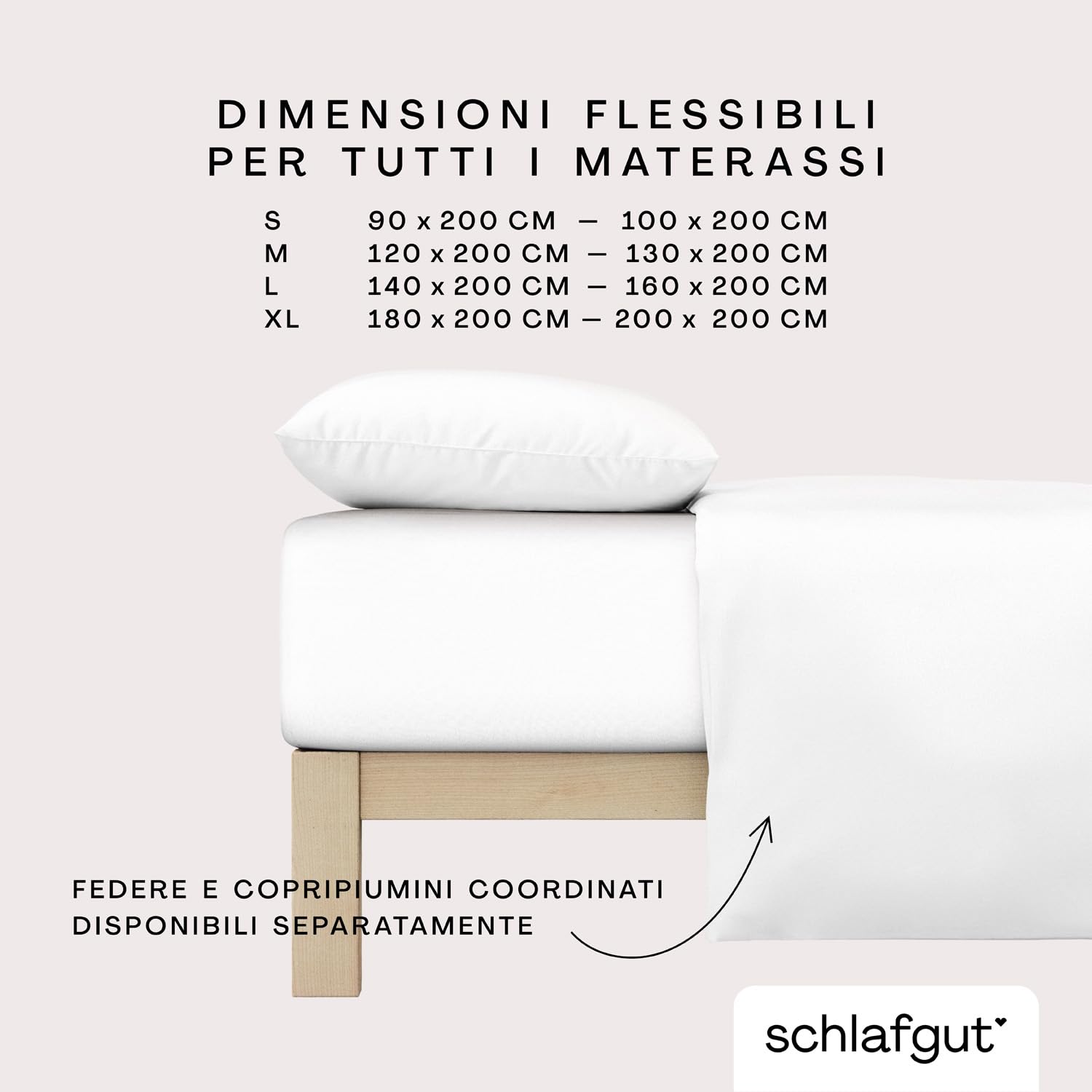 schlafgut Casual Lenzuolo con angoli da 180x200cm a 200x200cm, 100% cotone organico, Full-White