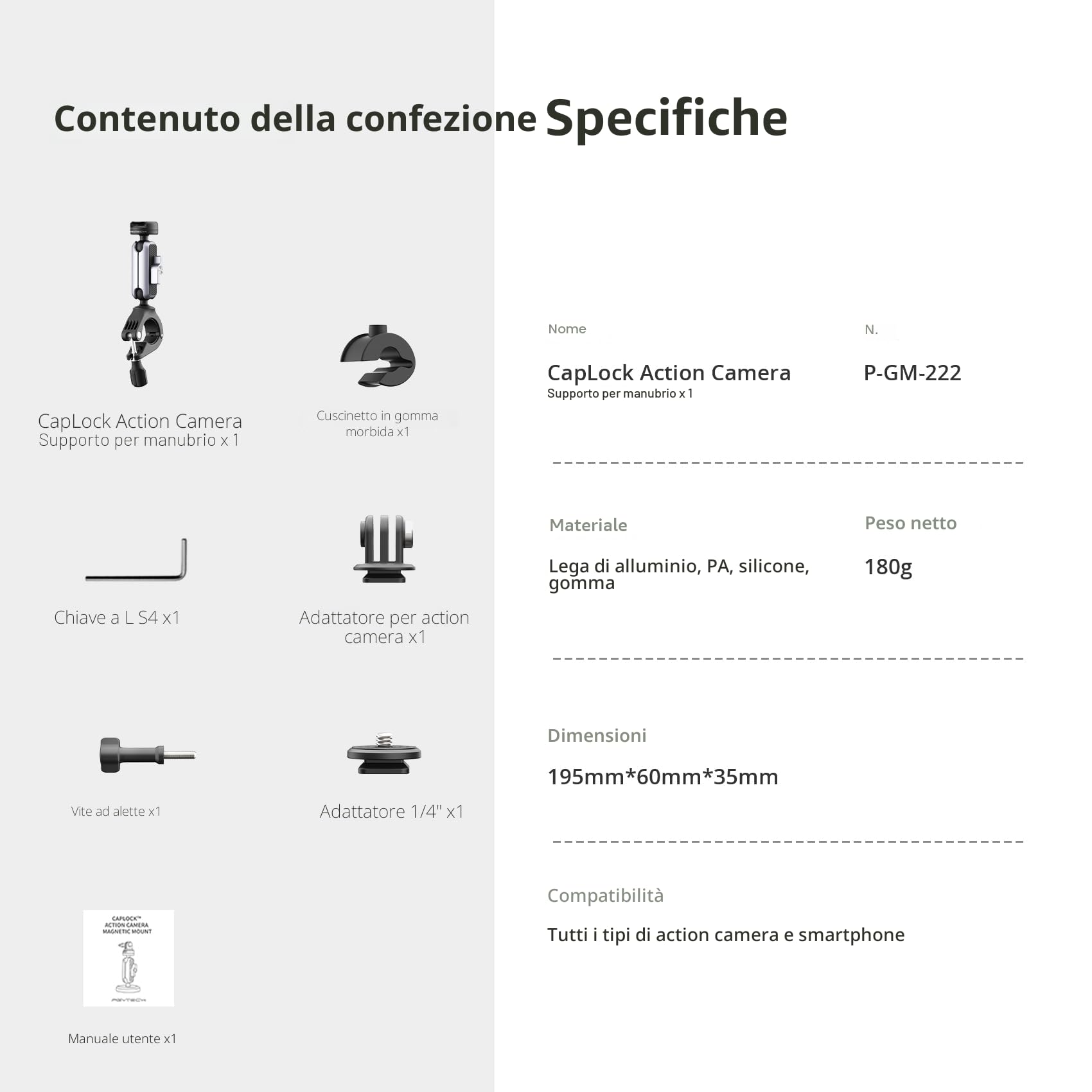 PGYTECH CapLock Supporto Bici Moto per ActionCam, Bracket Manubrio in Alluminio con Doppio Giunto a Sfera a 360°, Sgancio Rapido e Doppia Chiusura per GoPro, per DJI Osmo/Pocket, per Insta360