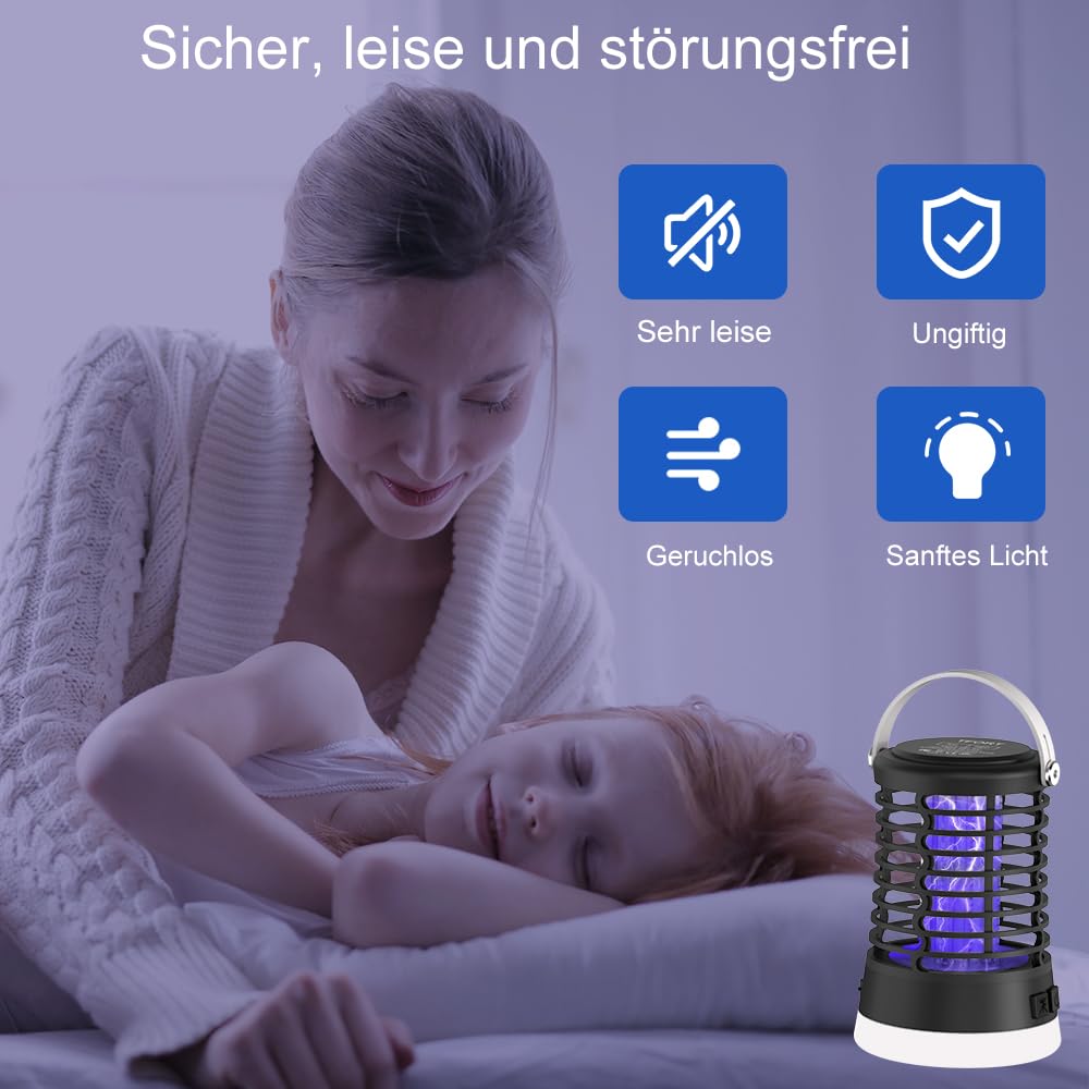 Insektenvernichter Elektrisch Mückenschutz Fliegenfalle, Wasserdicht IPX6, Mückenlampe mit USB-C Ladung für Camping Garten Balkon Schlafzimmer, Mückenfalle mit Aufhängehaken