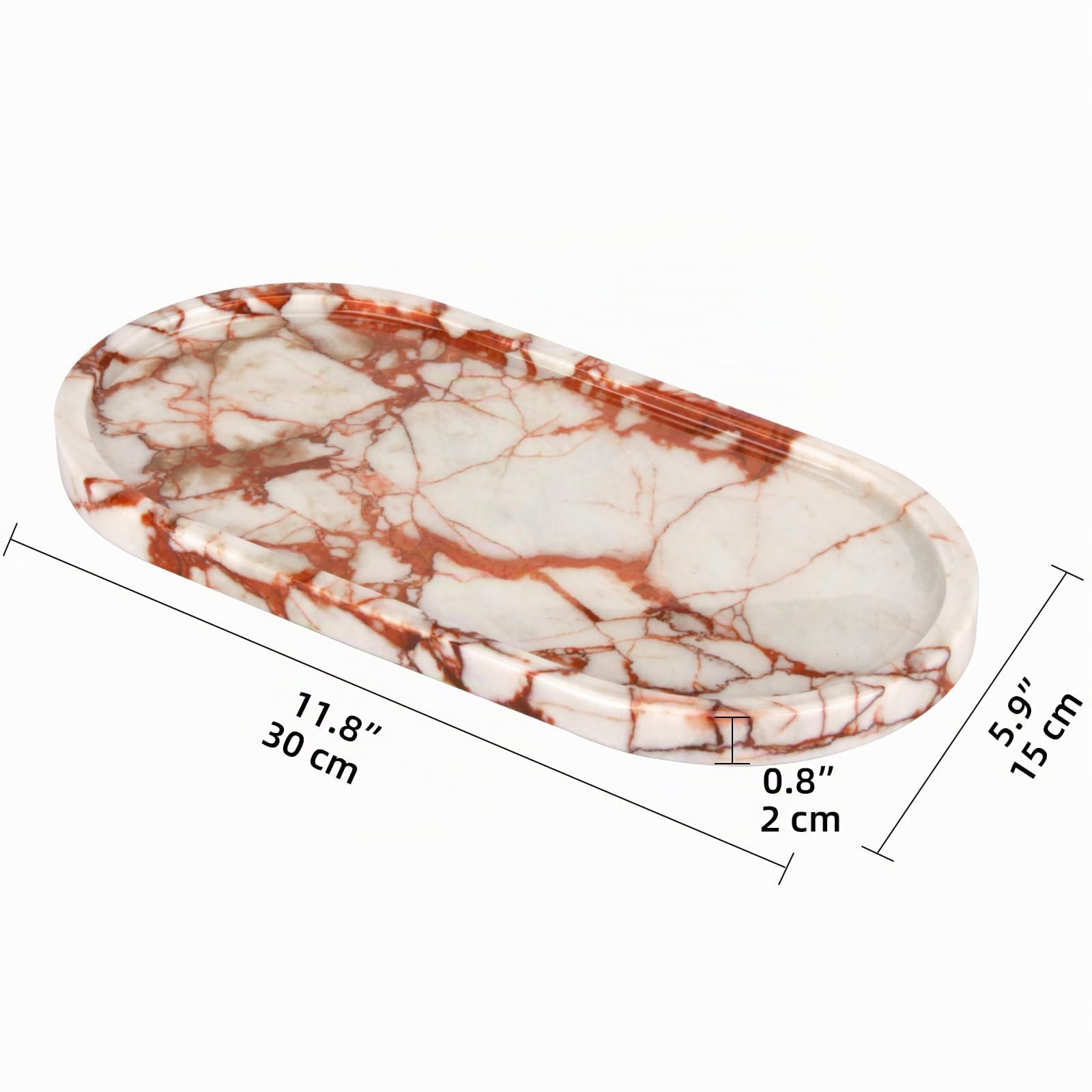 Plateau de Salle de Bain Plateau Oval Marbre Naturel Luxe Décoratifs pour Coiffeuse Organisateur Bougie Bijoux Parfum Maquillage Calacatta Rouge 30 x 15 cm