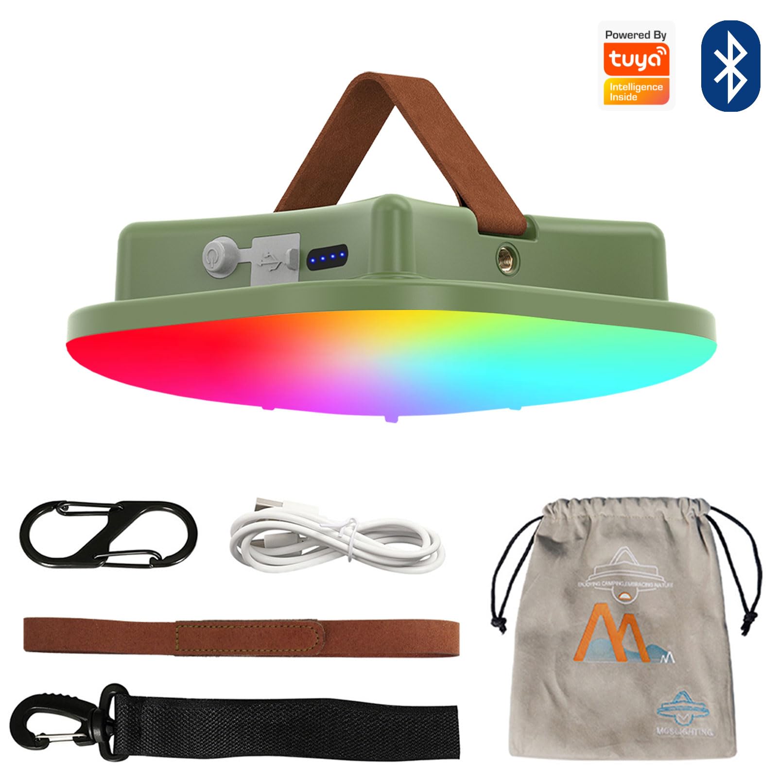 Linterna de camping recargable, luz LED inteligente con control Bluetooth por Tuya APP, sincronización de música, luces LED RGB para camping, luz exterior de 16500 mAh con base magnética