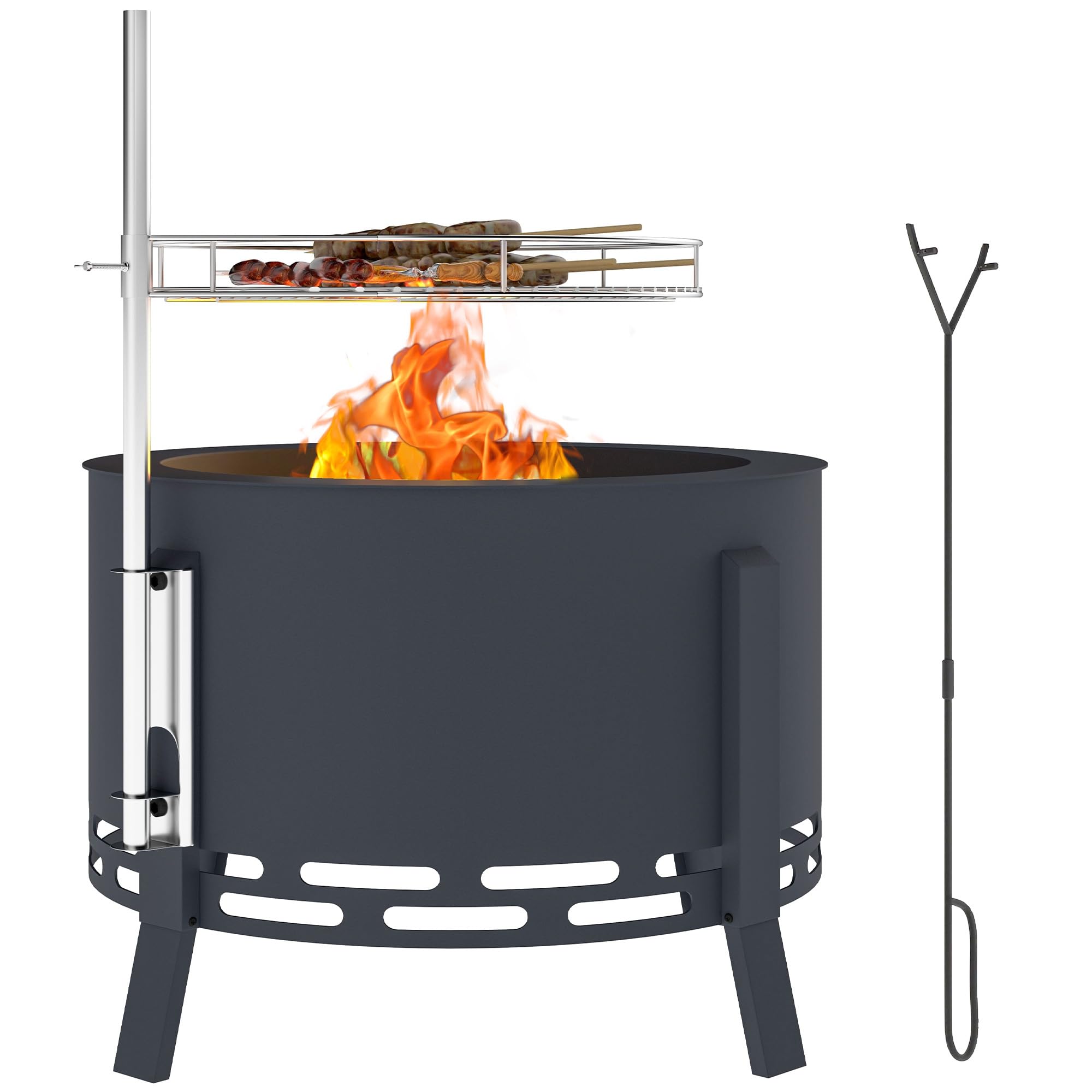 Outsunny Portable Fire Pit - 58 cm Round Firepit with Grill Grate - Black Steel