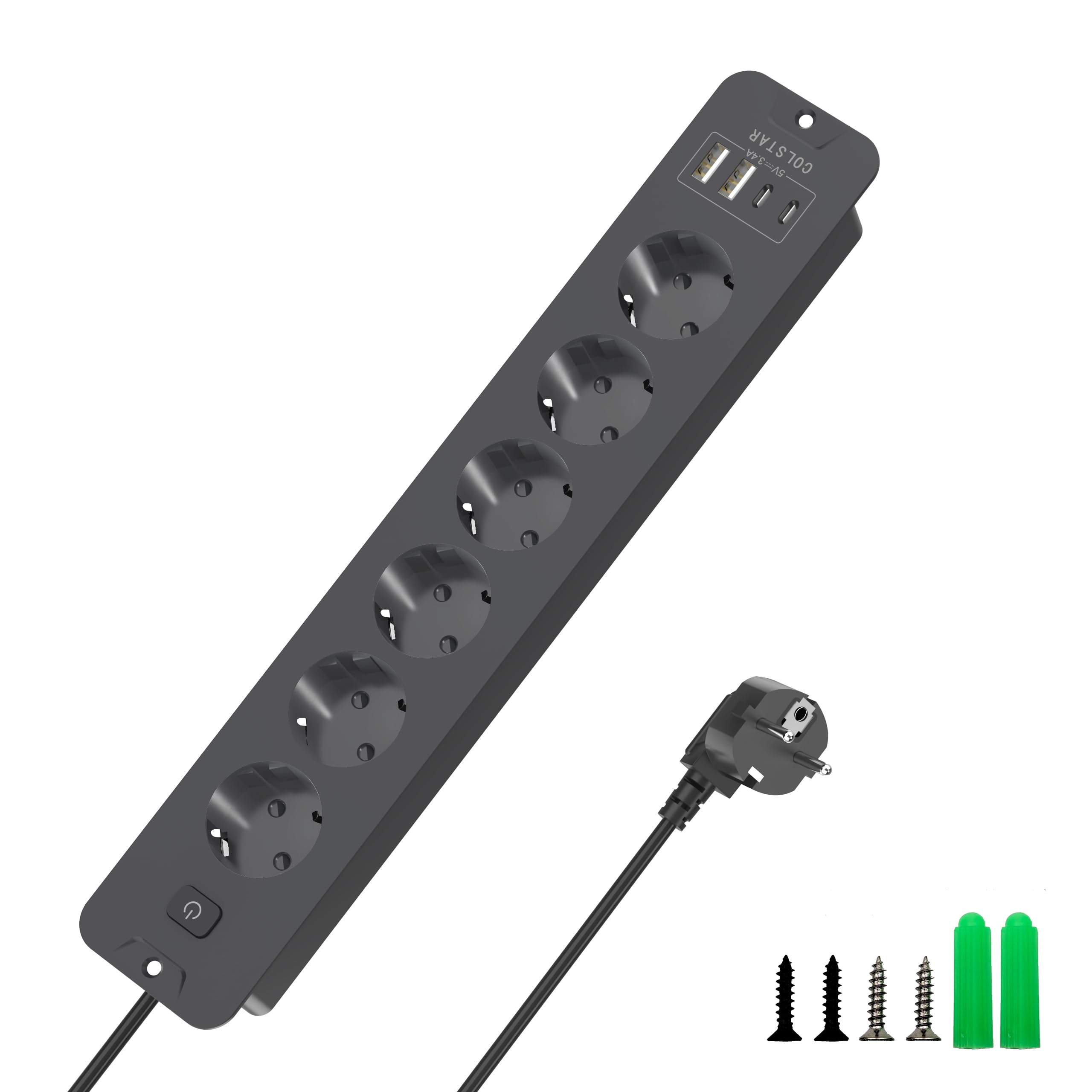Versenkbare Steckdosenleiste 6-Fach mit 4 USB (2 USB-C, 2 USB-A), 16A, 2m Kabel, Energiesparschalter | Unsichtbare Einbau-Mehrfachsteckdose für sauberen Schreibtisch (Schwarz)