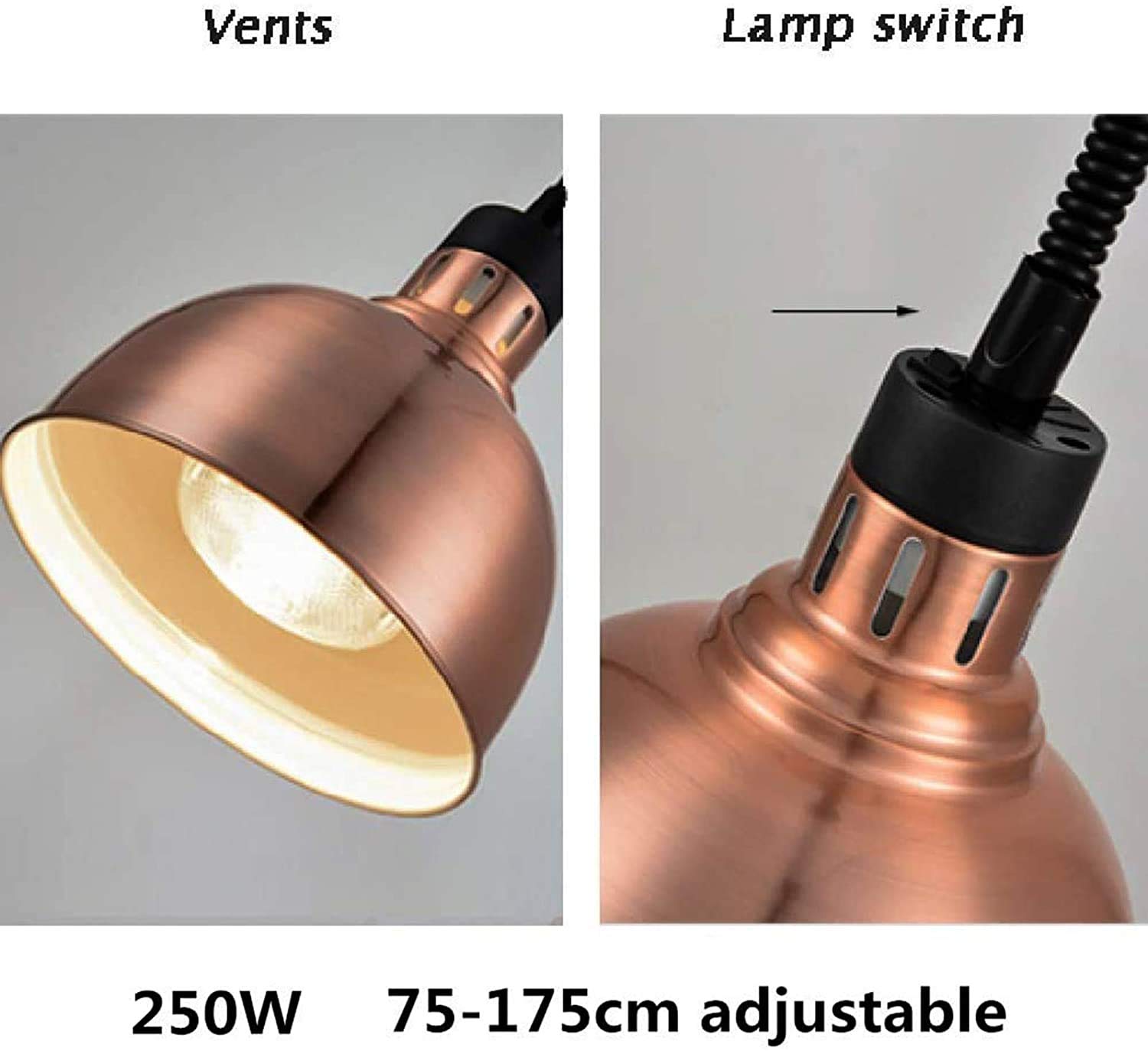 Lampa do podgrzewania żywności, lampa na podczerwień, rozszerzalna żarówka na podczerwień, 250 W, regulowana długość, 75-165 cm, restauracja/bufet/grill/pizza i barwnik 25 cm, złoty (Schwar