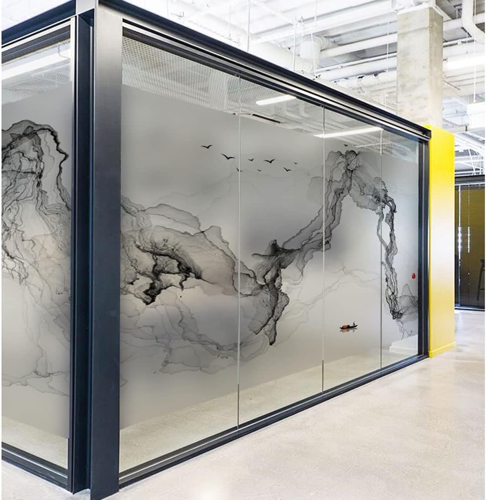 Window Clings Window Privacy Film Modern Chinese Landscape Painting Office Static Sticker Frosted Color Decorative Glass Window Film Privacy Window Film(C,60 * 120 cm)