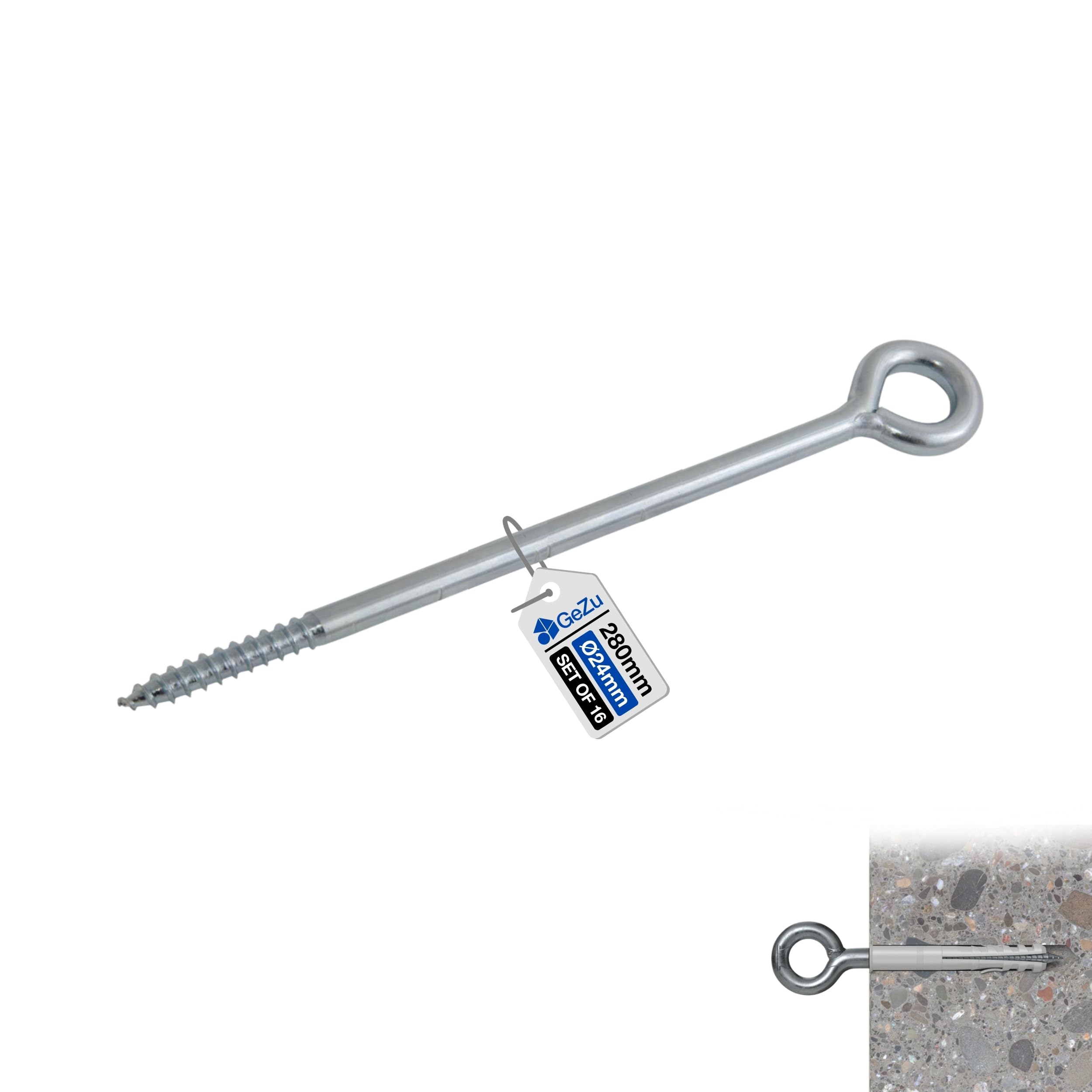 GeZu Impex Eye Bolt 230 mm Galvanised Set of 16 Eye screws hooks heavy duty screw in
