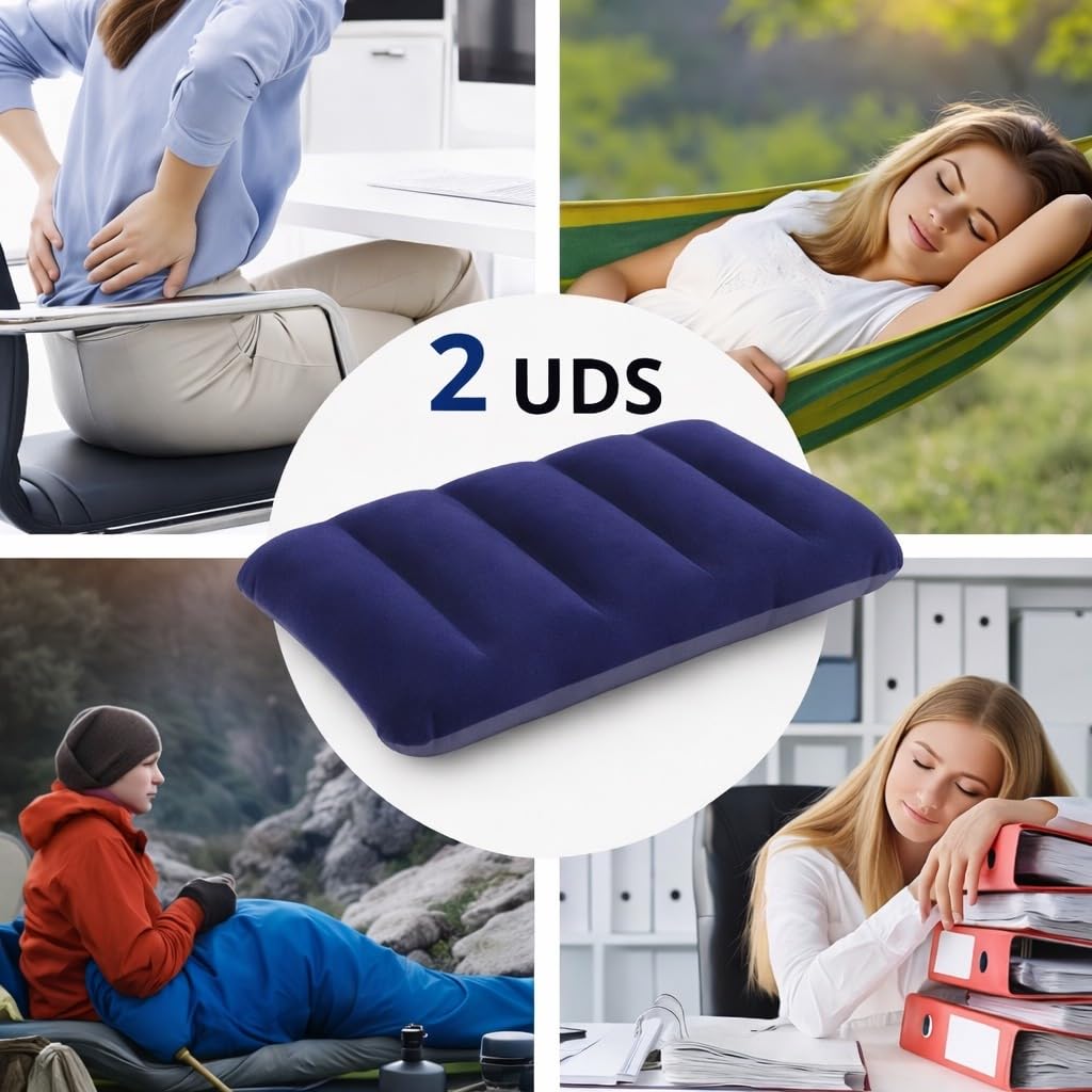 2 Kit Almohada Hinchable Camping Flocada - Cojin Inflable Playa para Cabeza Impermeable - Almohada Piscina y Playa Soporte Hinchable Viaje para Acampar - Almohadilla Senderismo Acampada Ultraligera