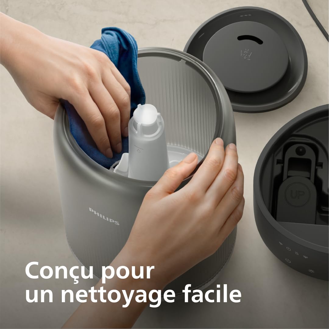 Philips Humidificateur d'air Série 1000 - jusqu’à 41 m², débit de 275 ml/h, taux d'humidité optimal, jusqu'à 32 heures d'autonomie, silencieux 34 dB(A), mode sommeil et veilleuse, Noir (HU1510/03)