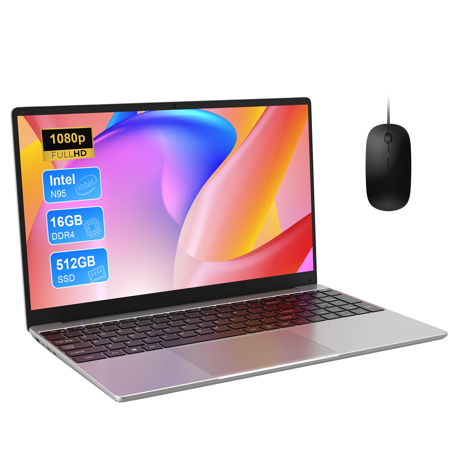 PC Portatile 15.6 Pollici, N95(Fino a 3,4 GHz) Win11 Notebook, 16GB DDR4 512GB SSD TF 1TB, 1920*1080 FHD, Tastiera retroilluminata/Numerico con Pellicola Italiana, 5G WiFi/USB-C/BT5.0/USB 3.0/HDMI