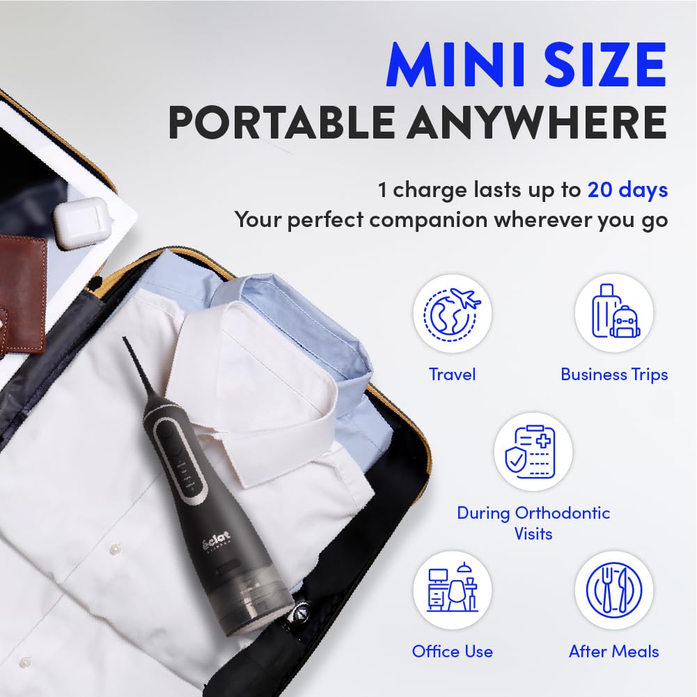 Éclat Irrigador dental eléctrico portátil impermeable para limpieza profunda de dientes, doble tanque de 320 ml, recargable por USB-C, carga de 30 días, 4 accesorios incluidos sin BPA (negro)
