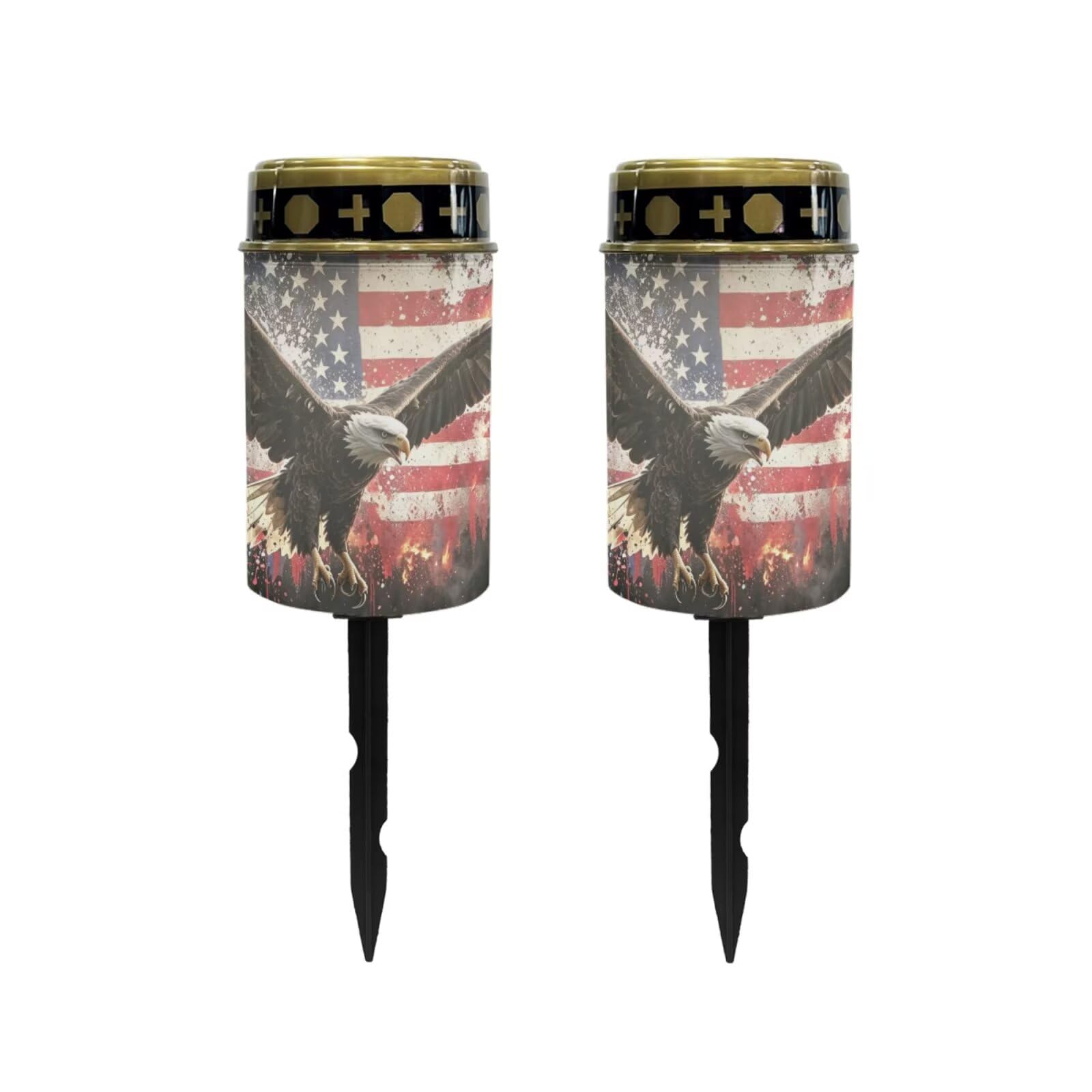 Poceacles Solar Lights Outdoor Waterproof Cemetery Candles Solar Powered Grave Outdoor Decorative Walkway Lights for Lawn Garden Pathway Decor, Eagle American Flag Patriotic Print, Pack of 2
