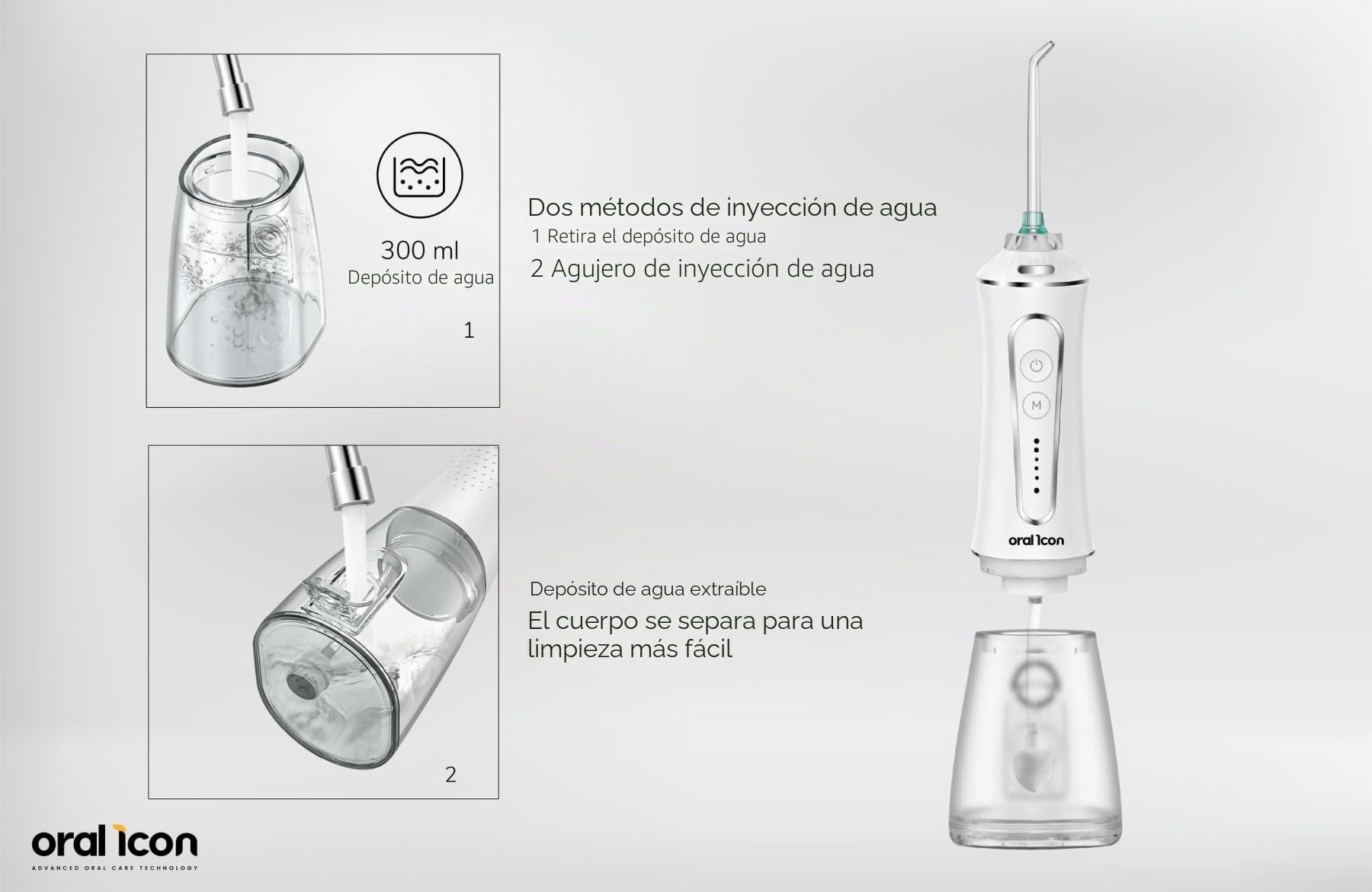 Oral Icon® Irrigador bucal eléctrico con chorro de agua pulsante – Tecnología GumGentle+™ – 5 niveles de presión – Depósito de agua de 300 ml – Inalámbrico – IPX7 resistente al agua – 5 accesorios
