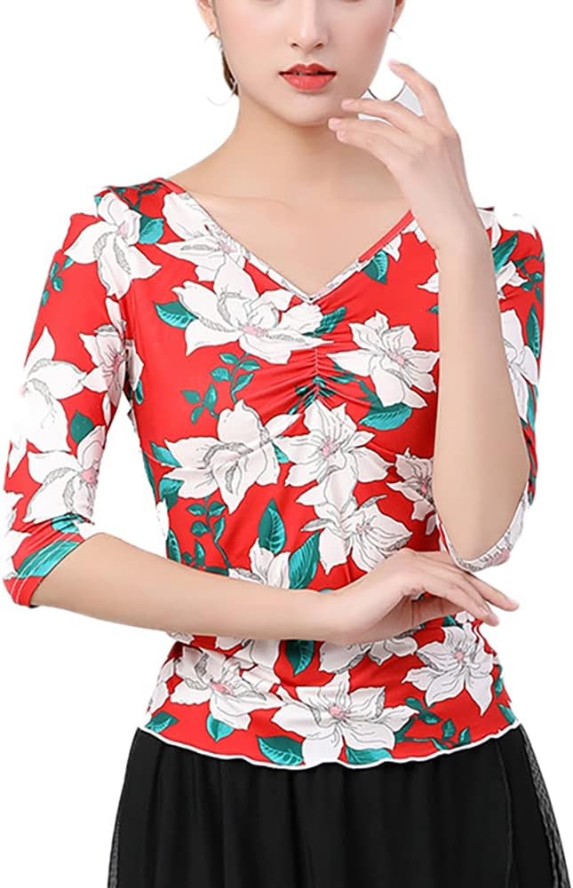 Whitewed Women's Sleeve Print Ruched Drawstring V Neck Dance Yoga Fitness Tops