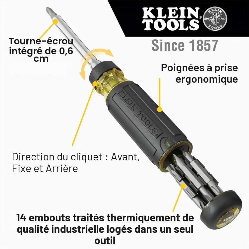 Klein Tools 32305 Tournevis à cliquet multi-bits, outil 15 en 1 avec embouts Phillips, fendues, carrés, Torx et combinés et tourne-écrou 1/4"