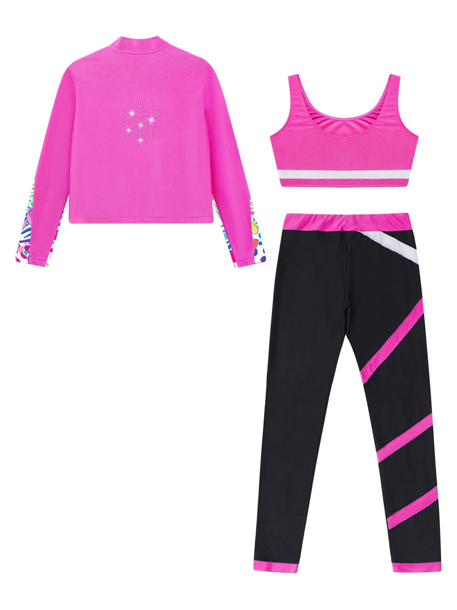 TiaoBug Conjunto Deportivo Para Niñas Chaqueta Manga Larga + Chaleco Sin Mangas + Leggings Traje De Gimnasia Rítmica Entrenamiento Rosa caliente 11-12 años