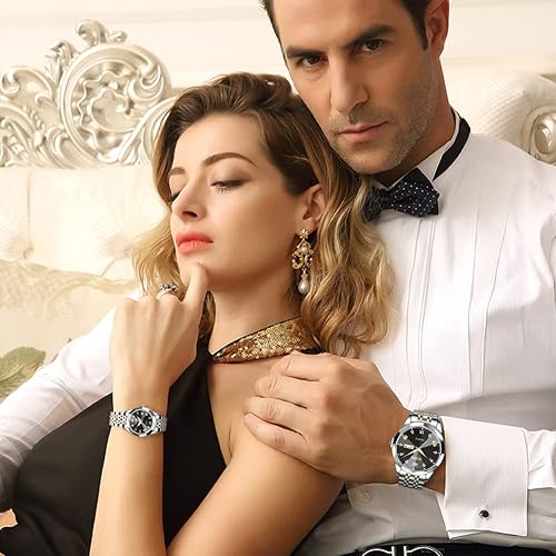 Miniatura 9 de OLEVS Reloj para parejas para él y ella reloj analógico de cuarzo para hombres y mujeres reloj de pulsera de acero inoxidable impermeable con fecha