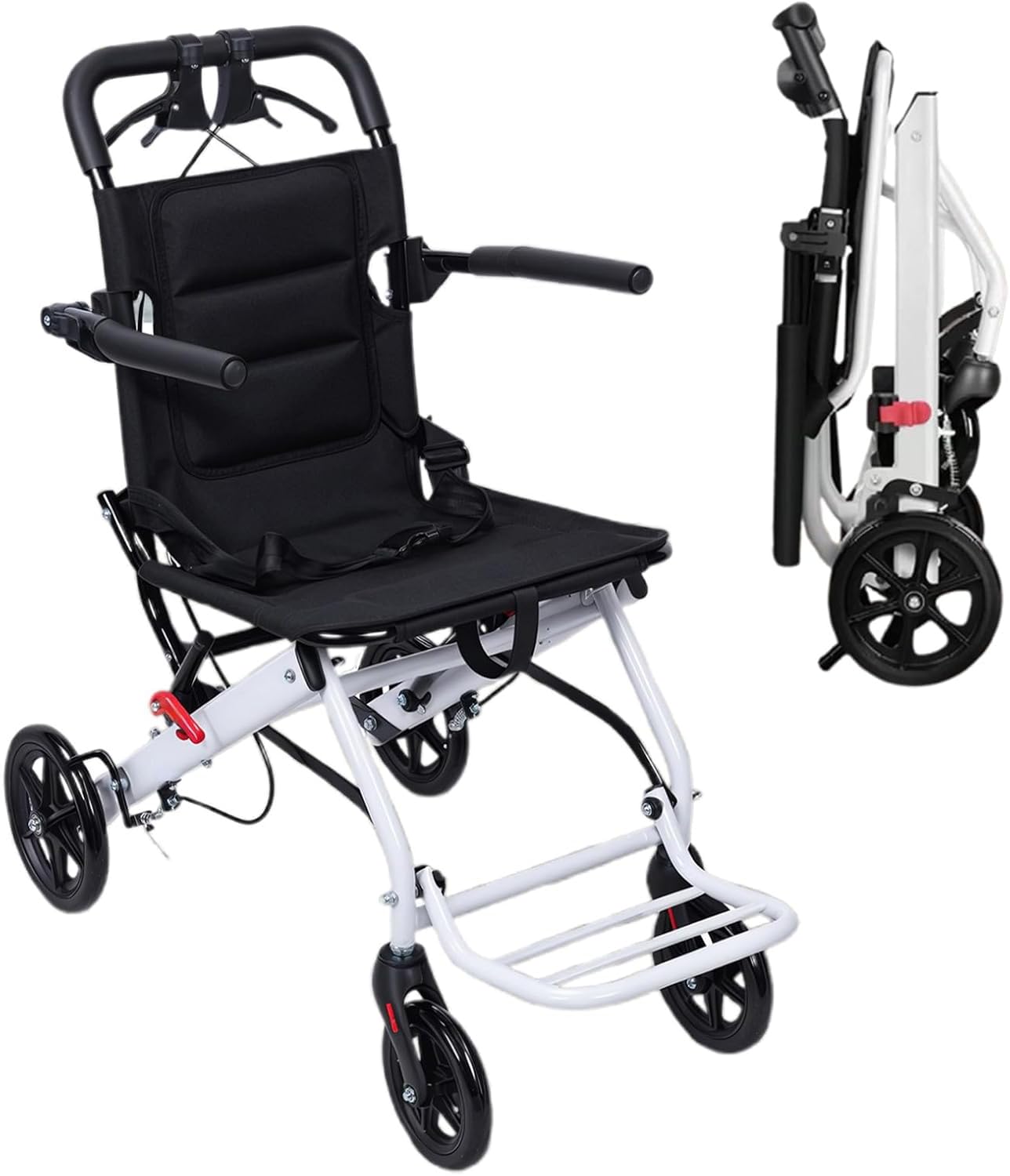 Wózek inwalidzki, lekki, składany wózek inwalidzki dla dorosłych, 8,2 kg, wózek inwalidzki ze stali węglowej, z pasami bezpieczeństwa, kółkami PU 360° i ergonomicznym hamulcem ręcznym, nośność 90 kg