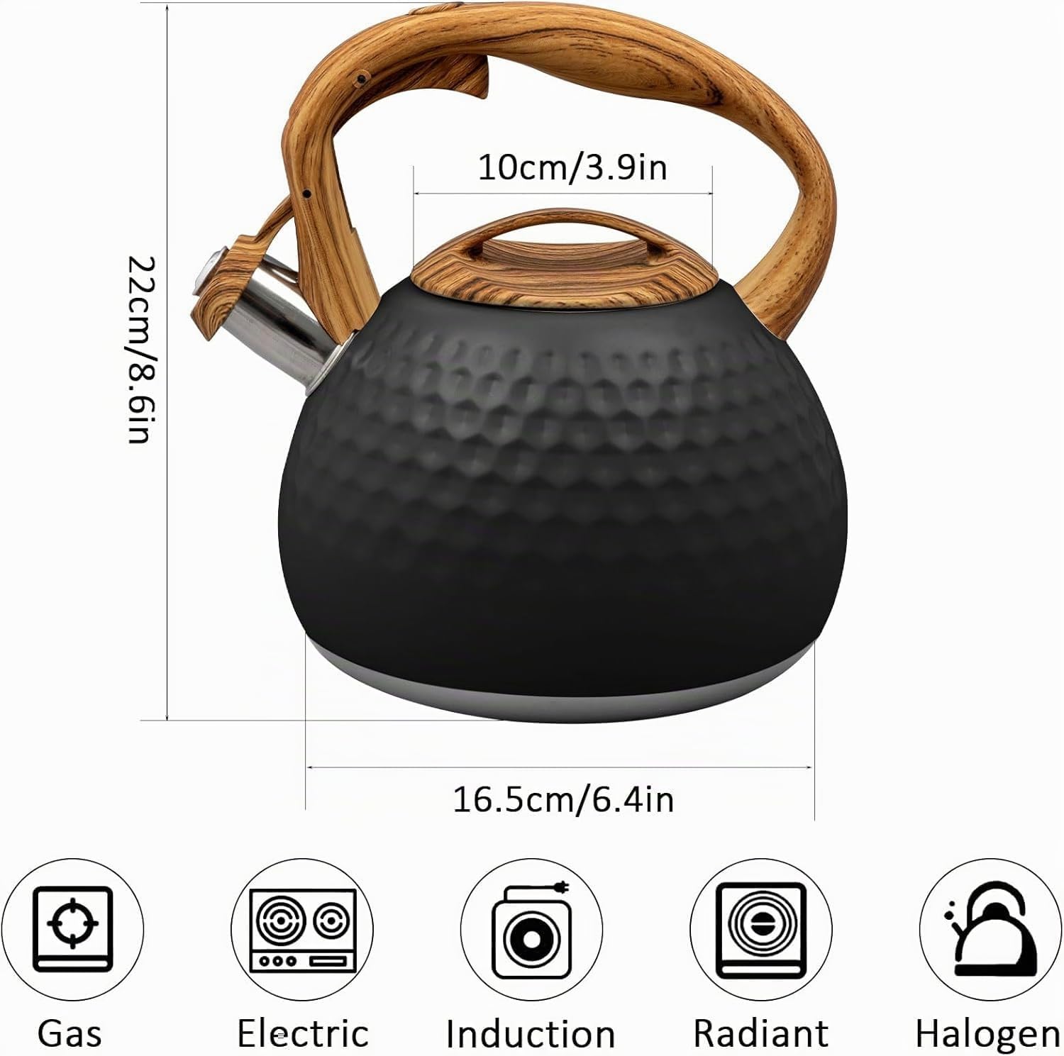 Bouilloire sifflante 3 l en acier inoxydable avec poignée effet bois bouilloire inox pour cuisinière induction gaz électrique (Noir)