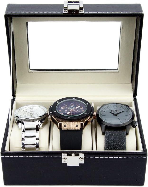 Watch Box - Luxury PU Leather Boxes for Men or Women - Modern, Glass Top Organizing Watches (3 Slot)