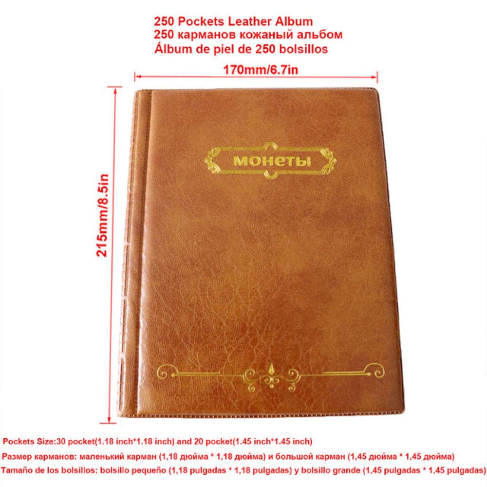 Album in Pelle PU per Monete.10 Fogli Album di Francobolli 250/120 Tasche Libro Collezione di Monete per Monete Commemorative Distintivi Gettoni Album,250 Tasche Marrone
