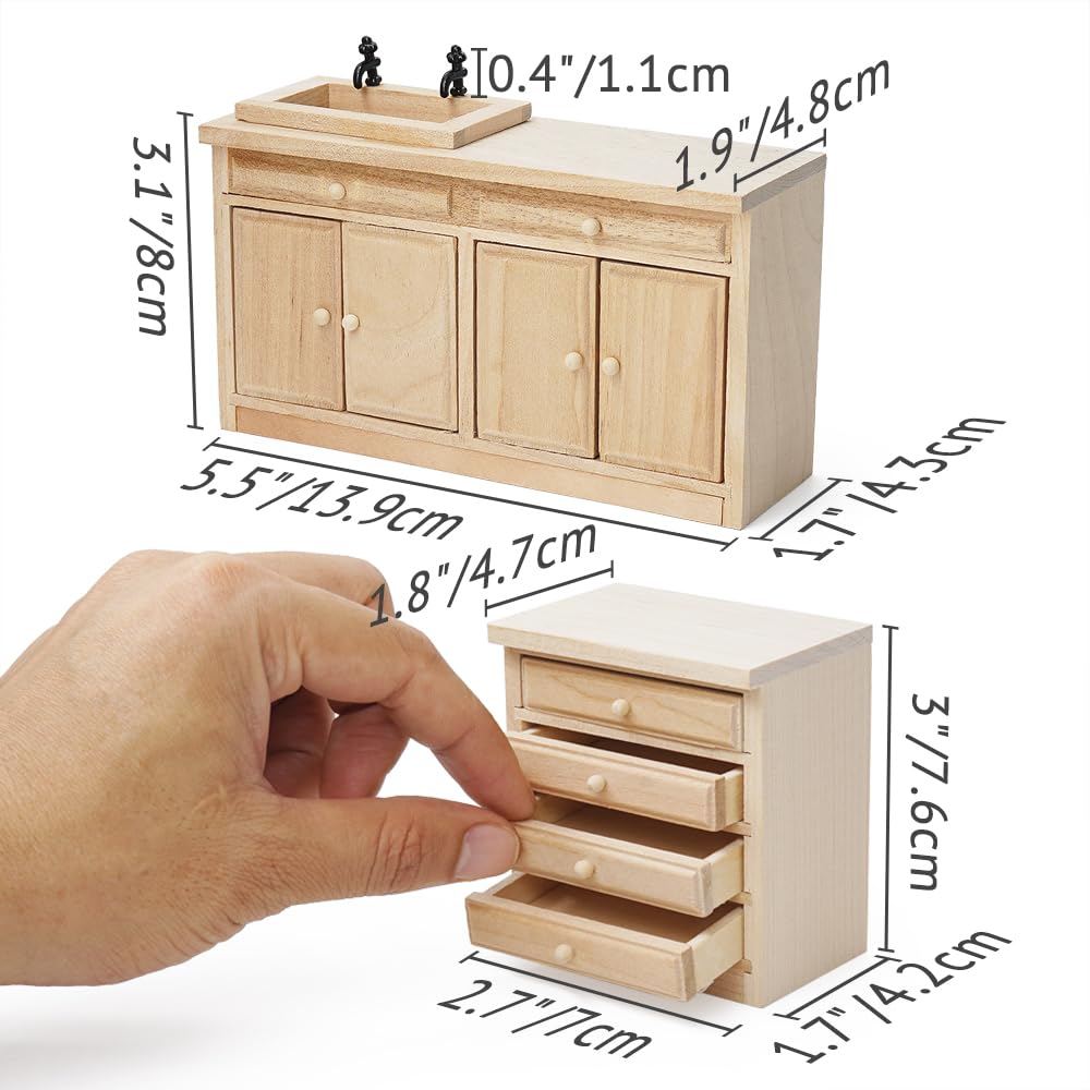 Odoria Maison de Poupée Armoire de Cuisine: Échelle 1/12 Miniature Plan de Travail Évier pour Bar Restaurant Moderne Blanc - Mini Comptoir Cuisson Meuble Bois