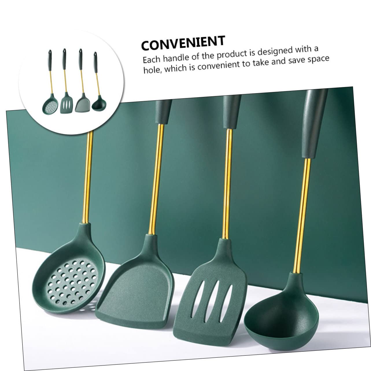 Juego de Utensilios de Cocina 4 Piezas de Acero Inoxidable y Silicona Verde