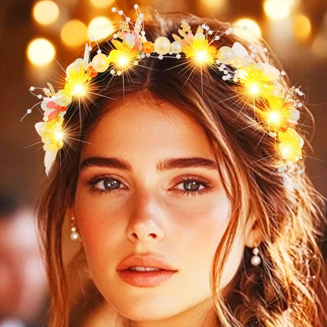Jovono Light Up Pearl Bride Wedding Headbands Gold LED Flower Bridal Headpiece Leaf Hair Accessories for Women (Pink, Free size) - Image 2