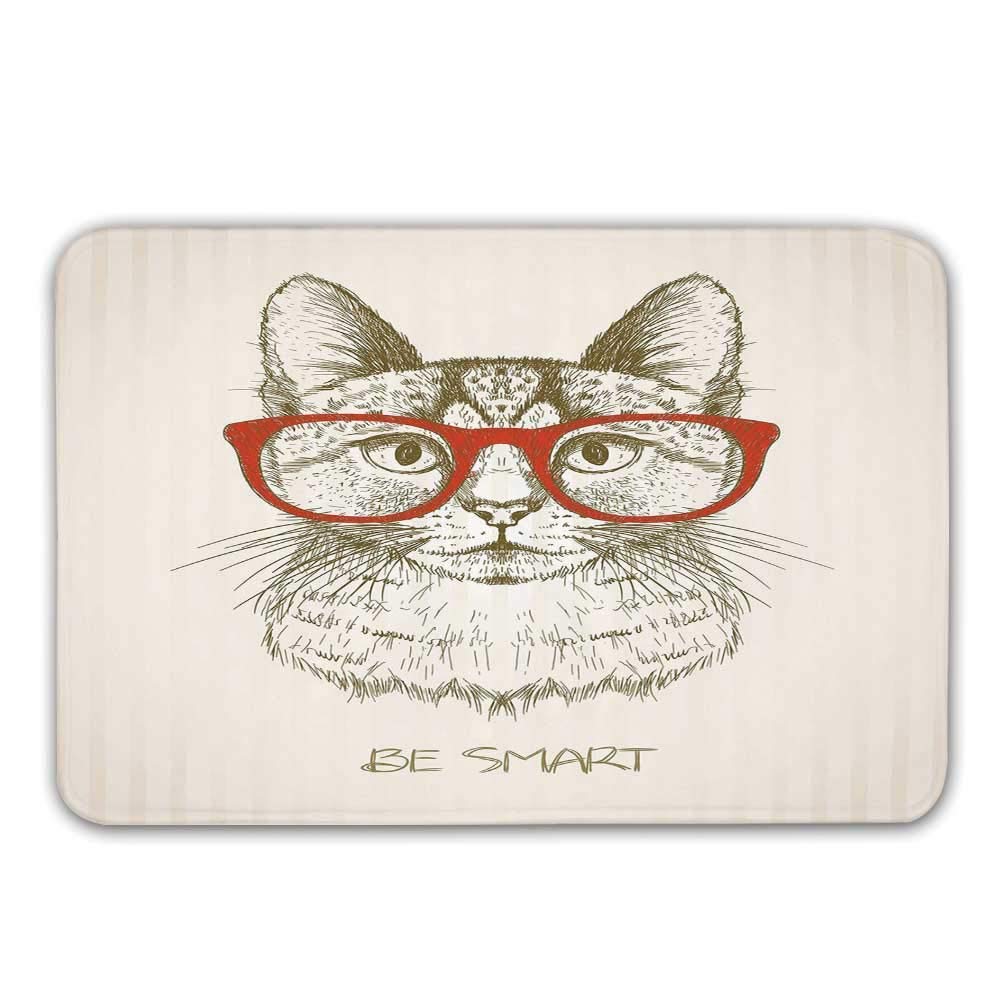 YnimioHOB Cat Front Door Mat,Vintage Style Domestic Feral with Hipster Glasses Be Clever Boy Illustration Art Doormat for Inside or Outside
