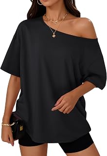 Trendy Queen Women's Off the Shoulder Oversized T-Shirts - Short Sleeve Casual Summer Tees Spring Tops