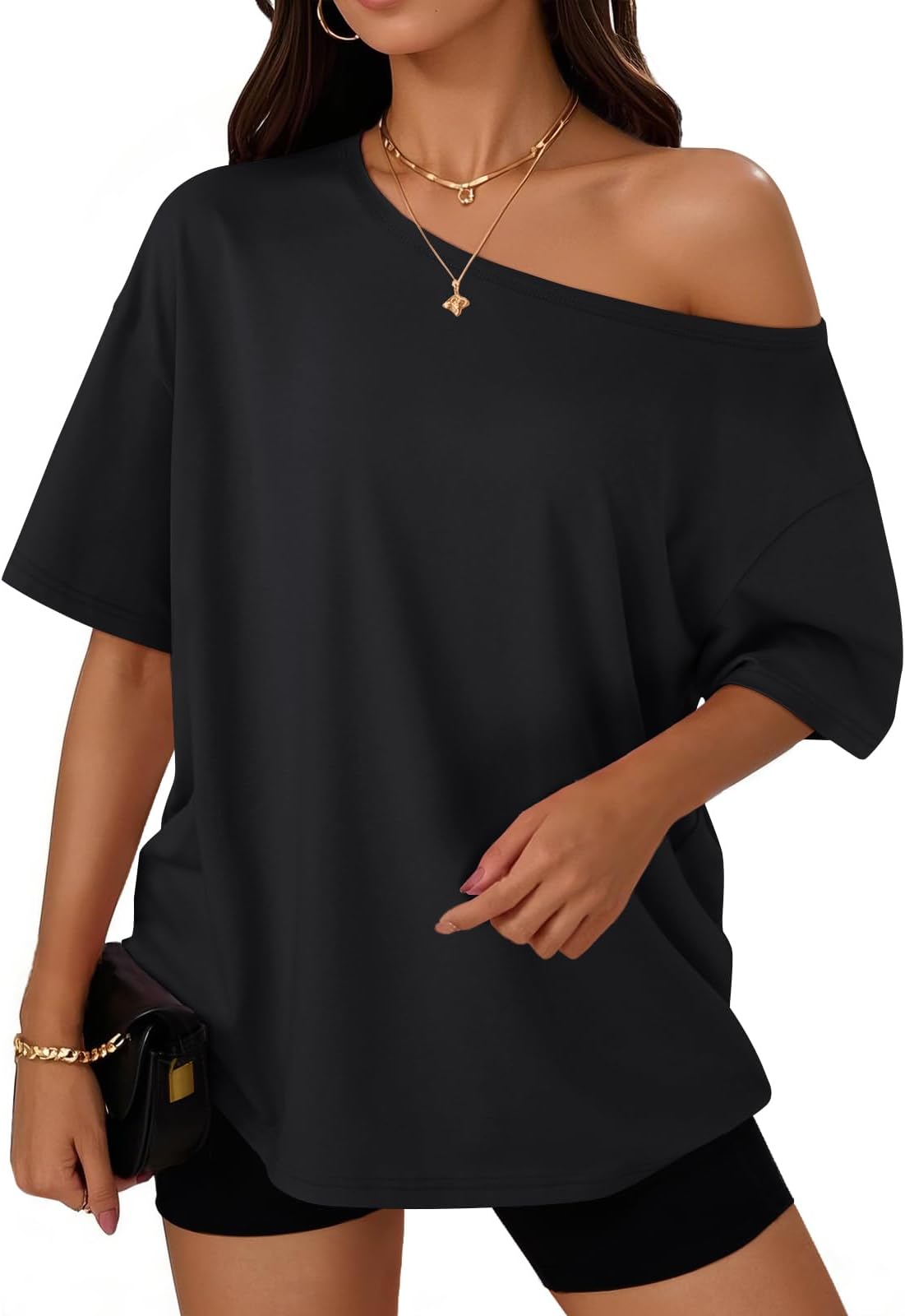 Trendy Queen Womens Off the Shoulder Tops Oversized T-Shirts Short Sleeve Tees Summer 2026 Casual Spring Clothes
