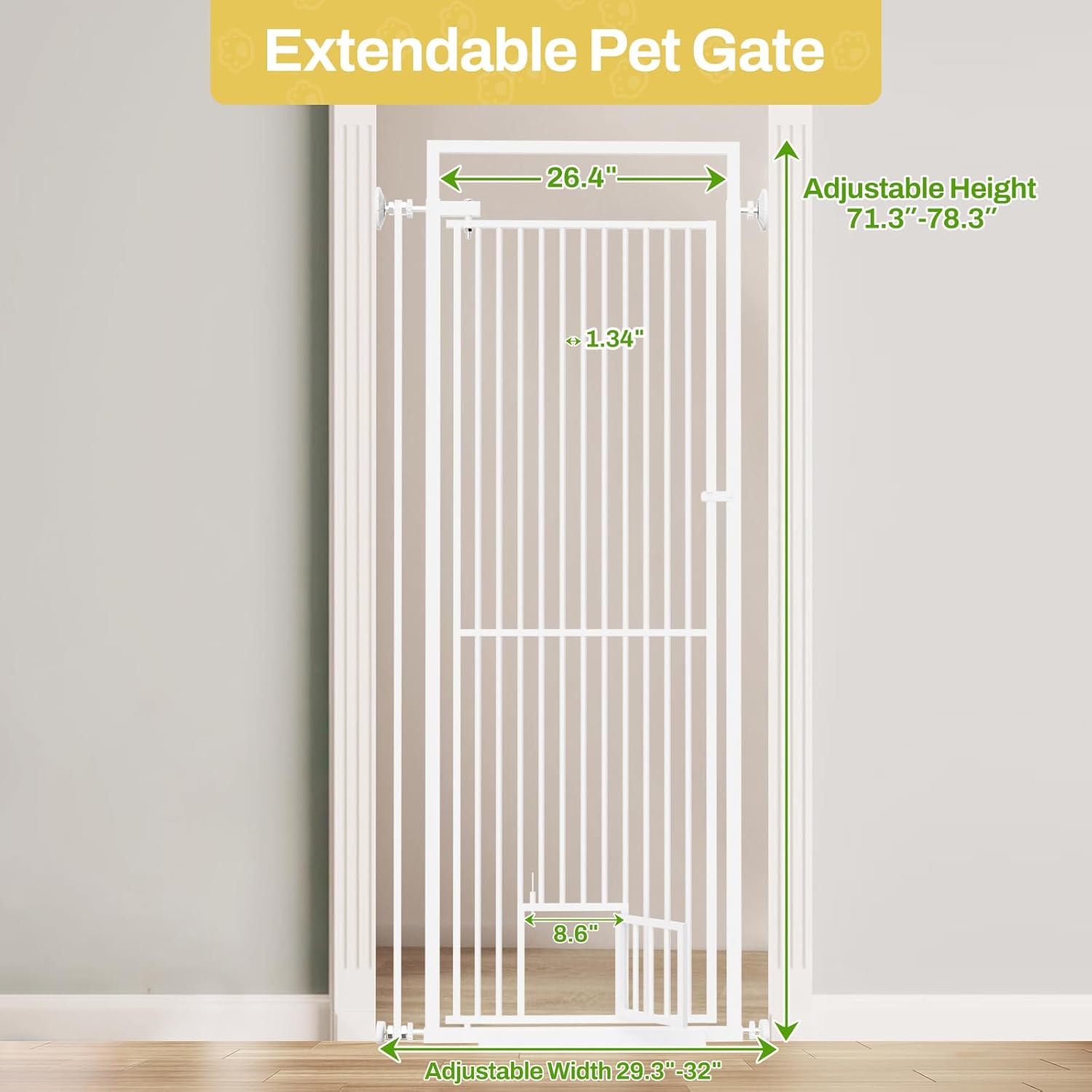 BEURUKU 78.3" Extra Tall Pet Gate for Cat Dog, 29.3" -32" Wide Baby Gate with Cat Door, NO Drilling Pressure Mounted for Doorways, Stairs, Hallways, White
