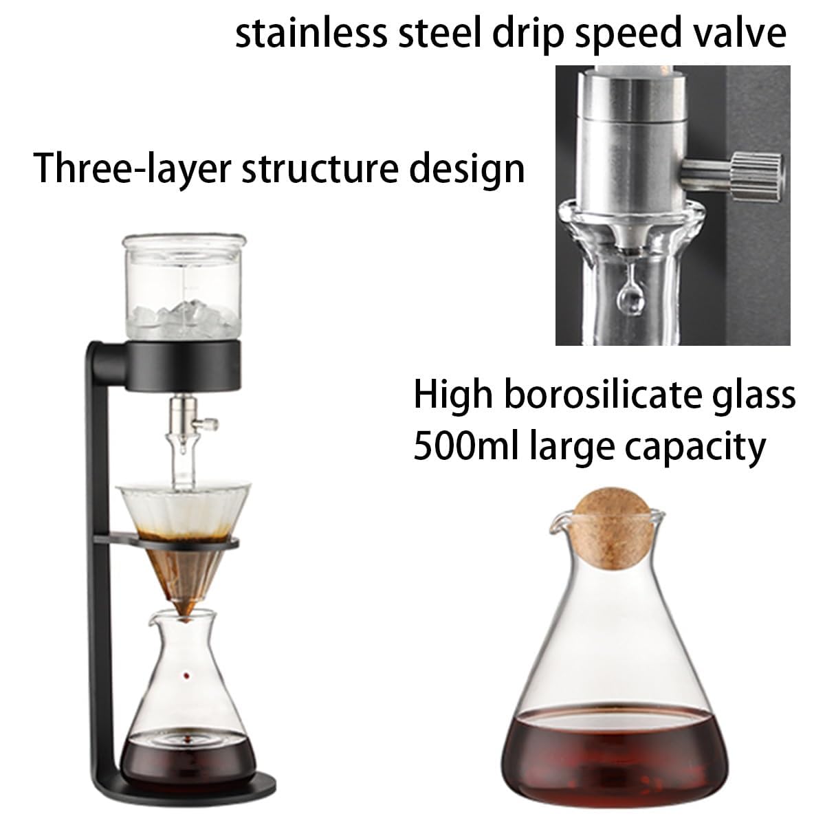 Caffettiera a freddo da 500 ml, con valvola antigoccia in acciaio inox, in vetro borosilicato, 2-3 tazze, per casa e ufficio