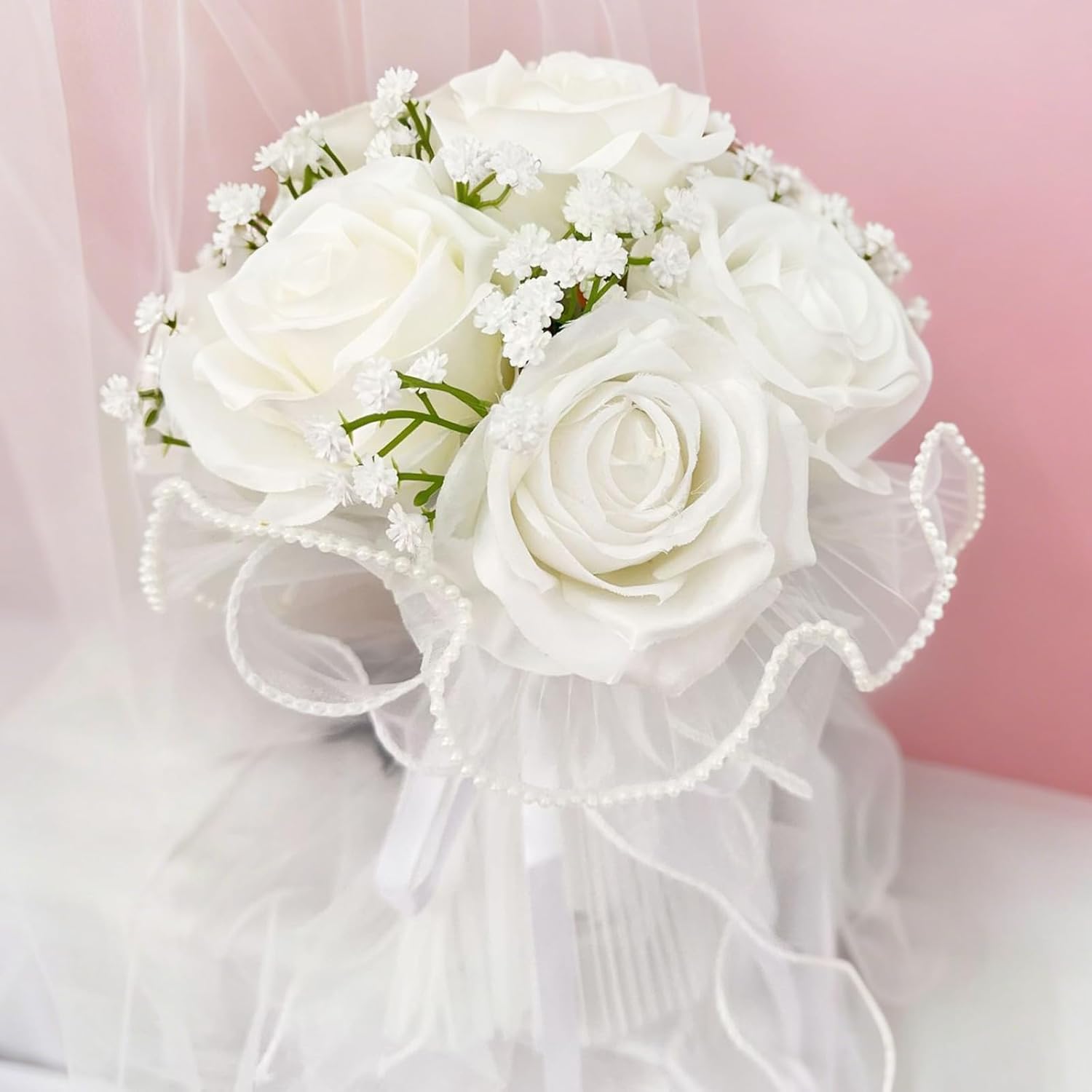 PIKBIU 4.37 Yards White Pearl Edge Flower Wrapping Mesh Paper, Bouquet Mesh Packaging Paper, Wrinkled Translucent for Wedding, Gift Packaging, Florist Supplies