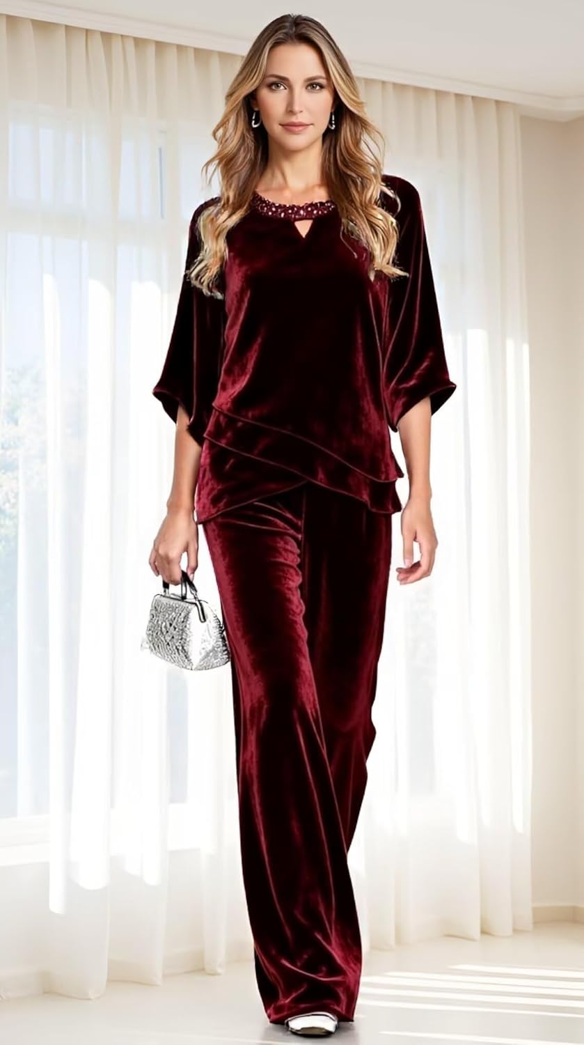 2 Piece Velvet Mother of The Bride Pant Suits for Women Half Sleeve Formal Wedding Set HX021