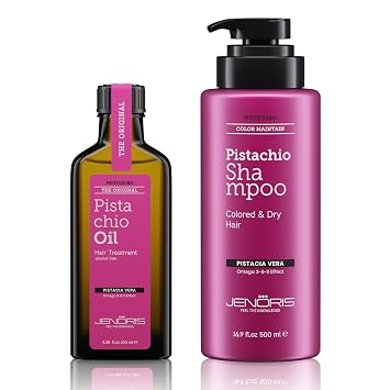 Jenoris Pistachio Oil & Shampoo for Dry, Frizzy and Damaged Hair, Enriched with Natural Oils & Omega 3-6-9 Complex, Salon Professional, Paraben & SLS Free