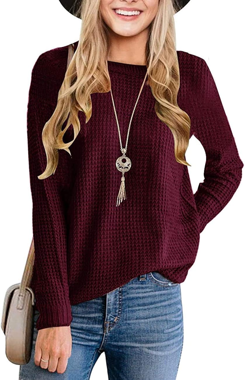 MEROKEETY Women's Long Sleeve Waffle Knit Sweater Crew Neck Solid Color Pullover Jumper Tops at  Women’s Clothing store