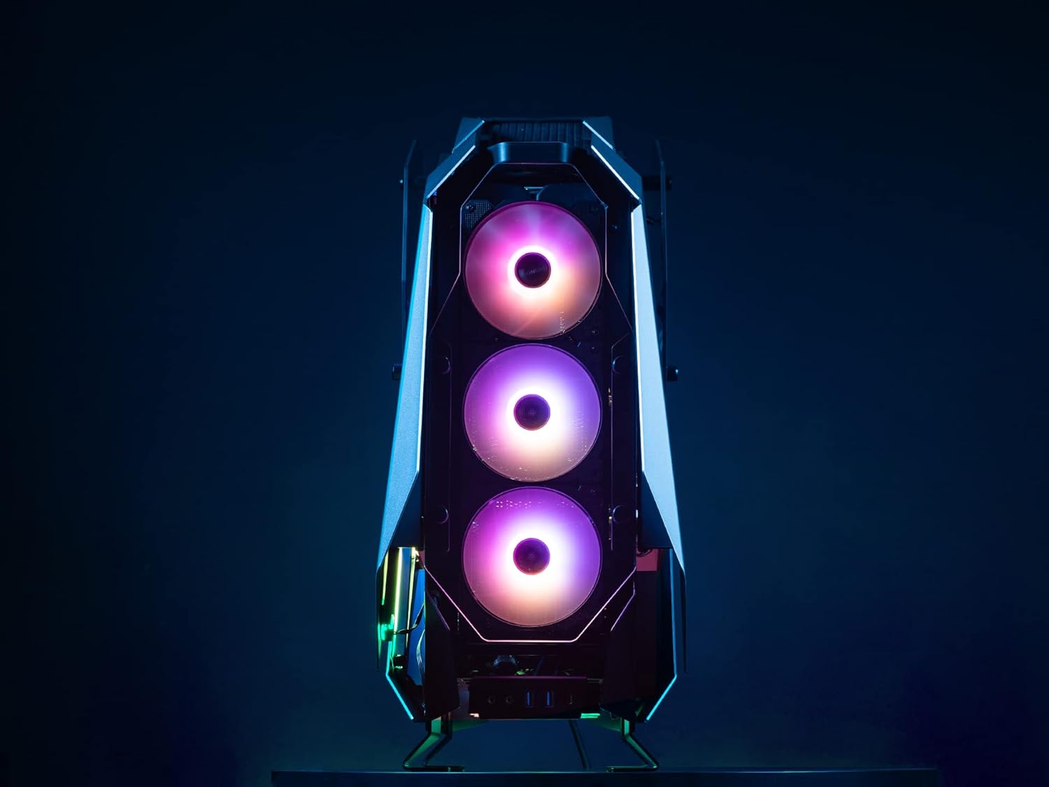 Front view of JONSBO MOD5 case showing three large RGB fans