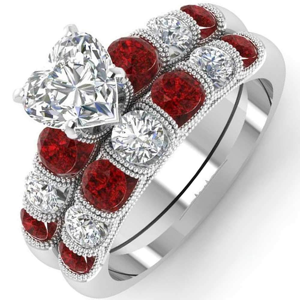 1 Carat Heart Cubic Zirconia White Gold Wedding Engagement Ring Band Set