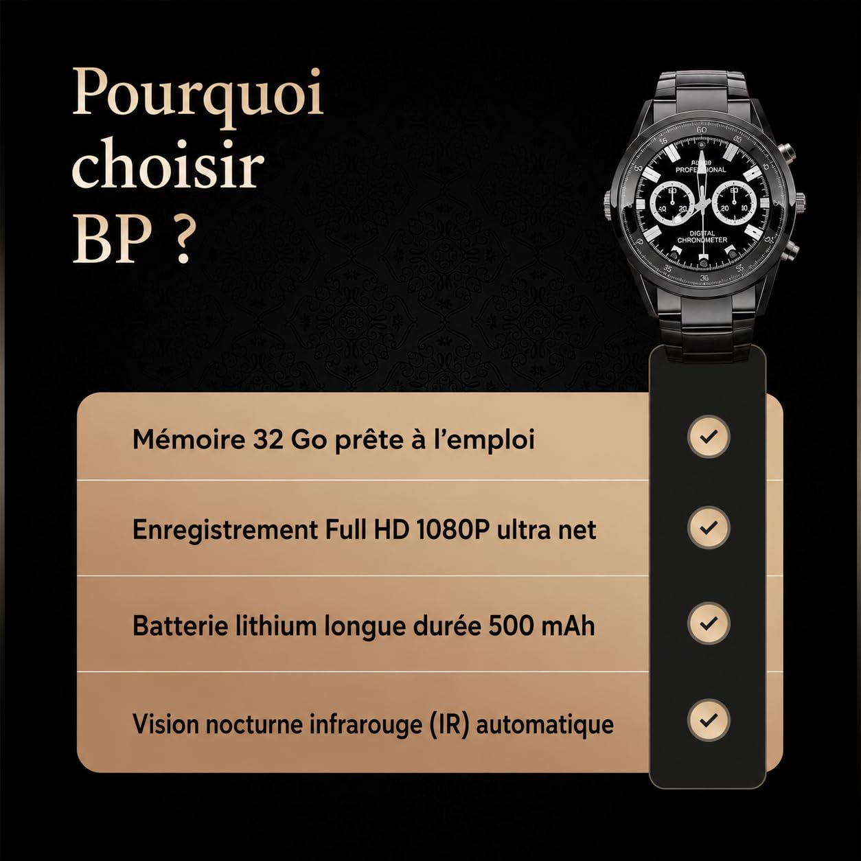 BP Montre caméra Espion, caméra cachée, caméra de Surveillance, détection de Mouvement, Vision Nocturne, Full HD 1080p, 32 Go de mémoire Interne