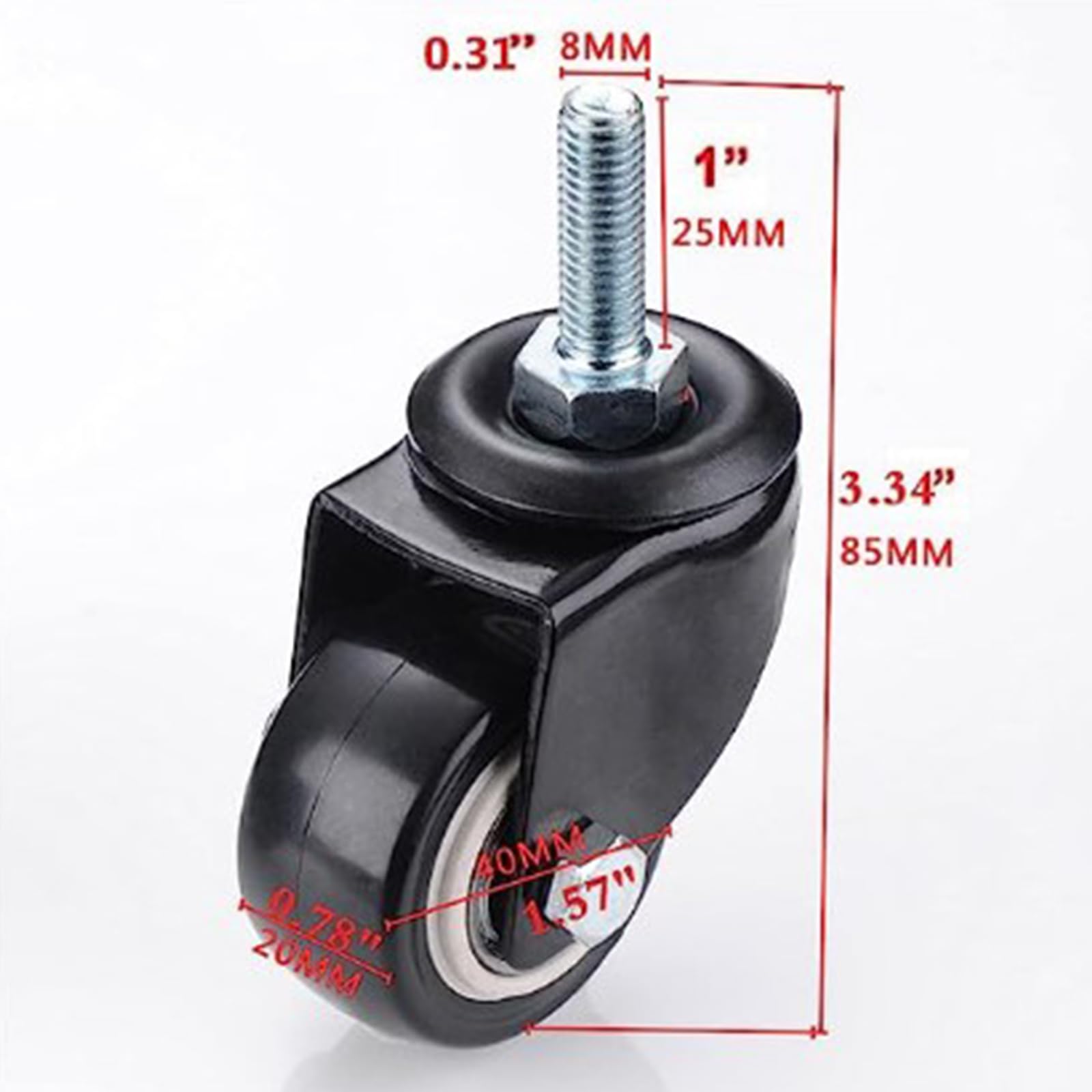Rolle mit M8x25 Gewindestange und Distanzmutter, 1,5 Zoll, für Einkaufswagen, Trolleys, Werkbänke, Möbel (Ungebremste Räder, 12)