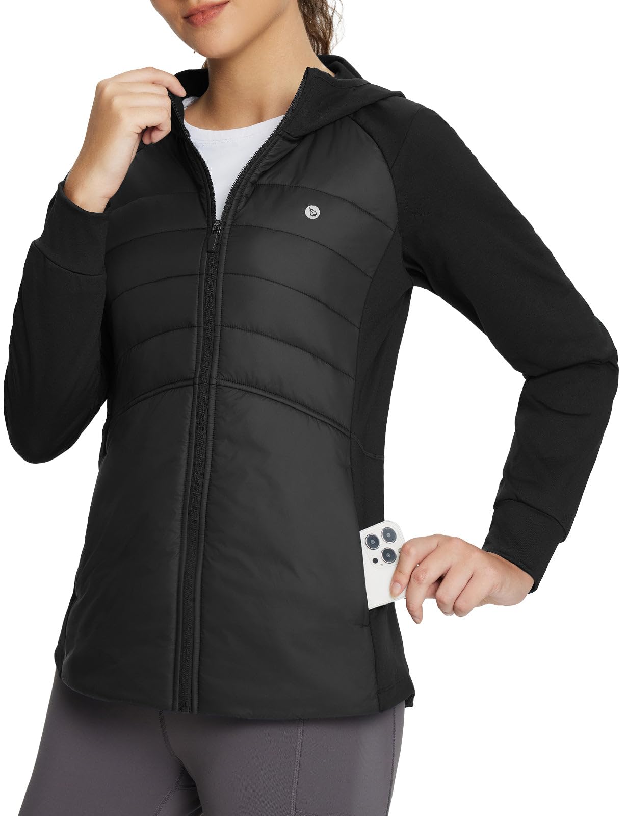 baleaf Women's Running Winter Jacket with Hood Warm Lightweight Insulated Hybrid Jackets Puffer Zip Pockets Hiking Skiing
