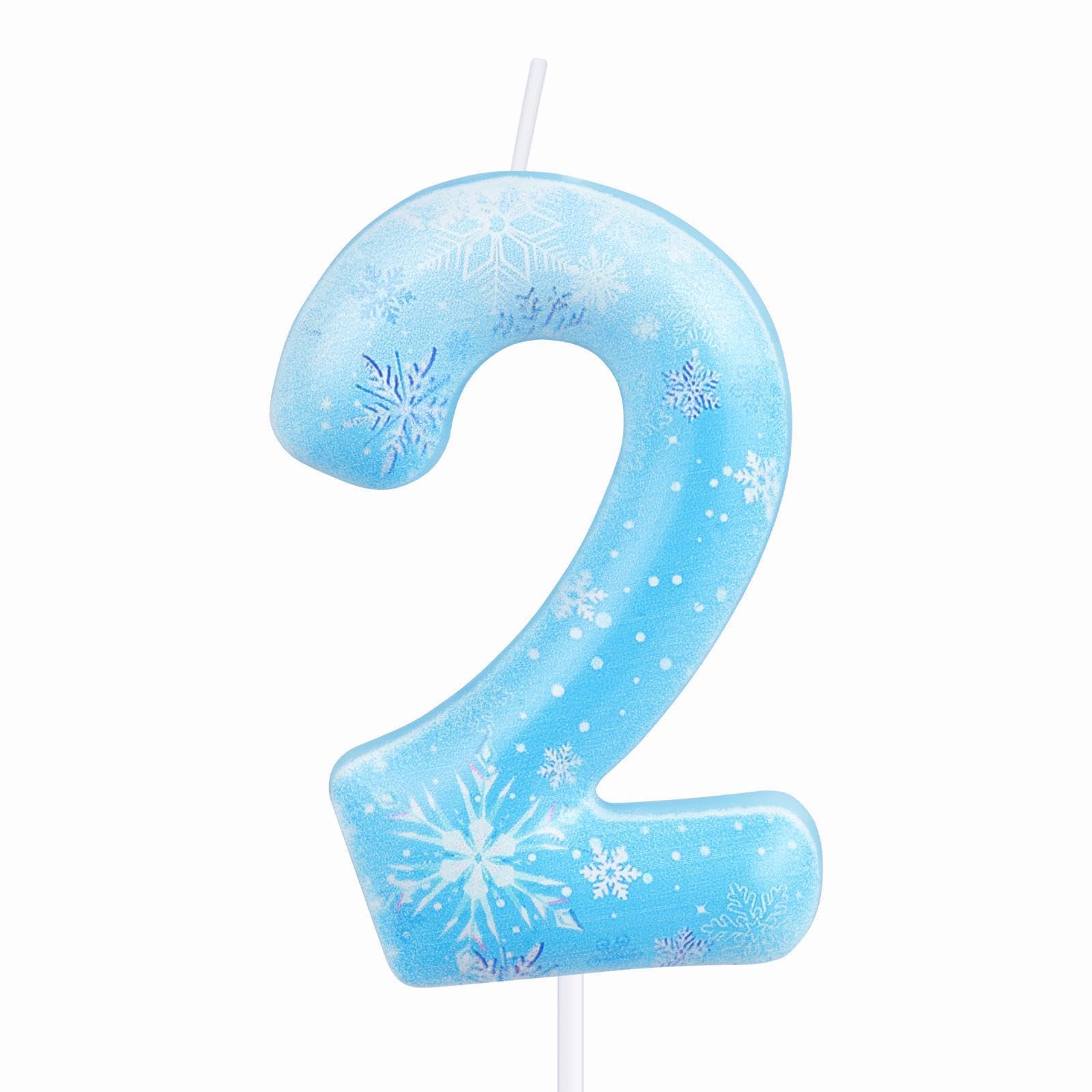 iNINGER Blue 2nd Birthday Candles, Frozen Snow Themed Number 2 Candles with Snowflake Party Supplies