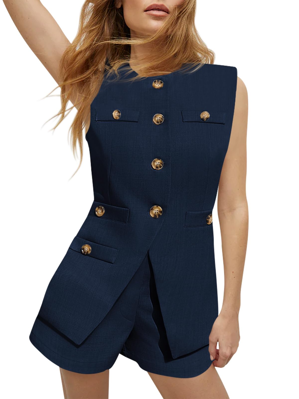 Womens 2 Piece Outfits Casual Suit Sets Sleeveless Button Down Blazer Vest Shorts Office Business Matching Set-image-15