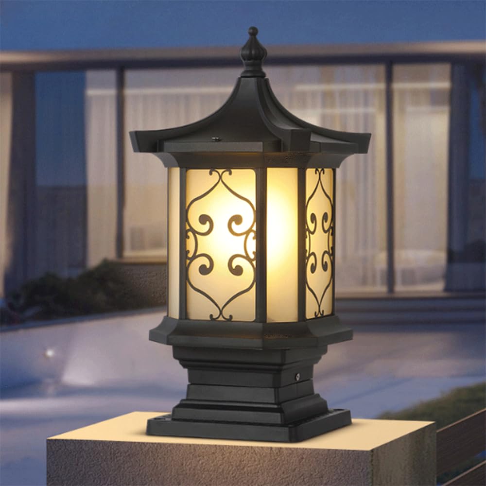 Lampadaire Extérieur Câblé En Aluminium Moulé Étanche, Lanterne Pilier Extérieure, Douille E27, Lampe En Verre À Motif Vintage Pour Jardin, Terrasse, Porche, Clôture, Portail, Cour